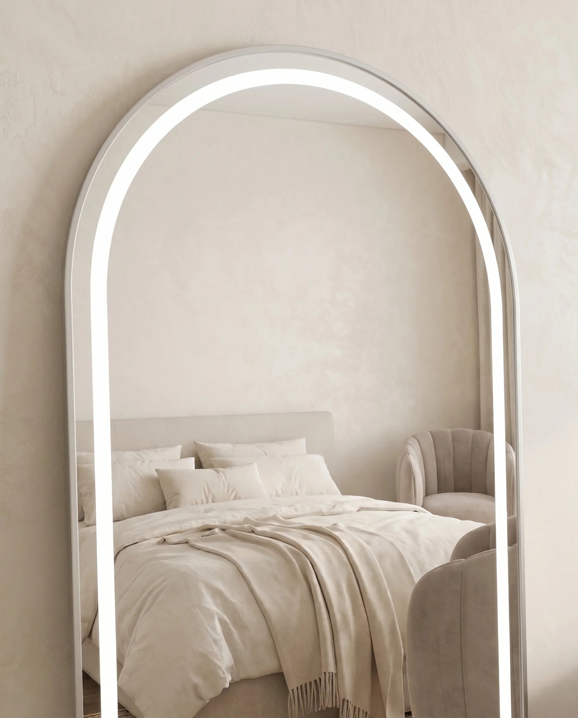 Juliette Tall Silver Framed Arch Standing Mirror with LED
