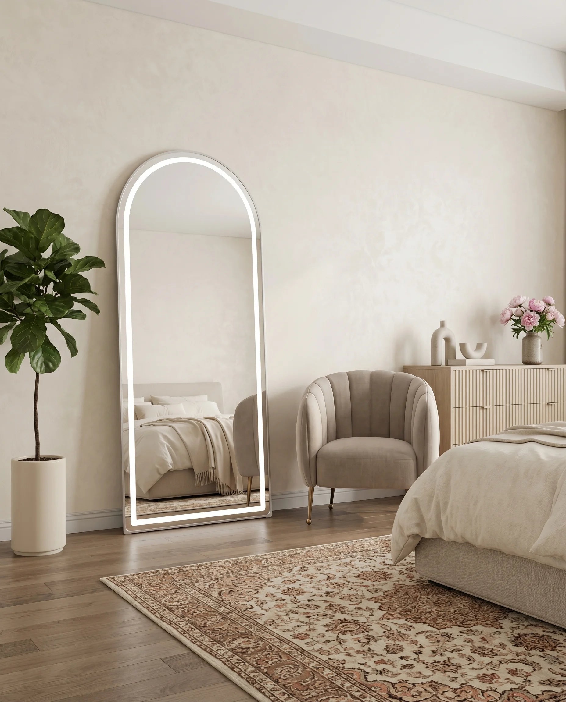 Juliette Tall Silver Framed Arch Standing Mirror with LED