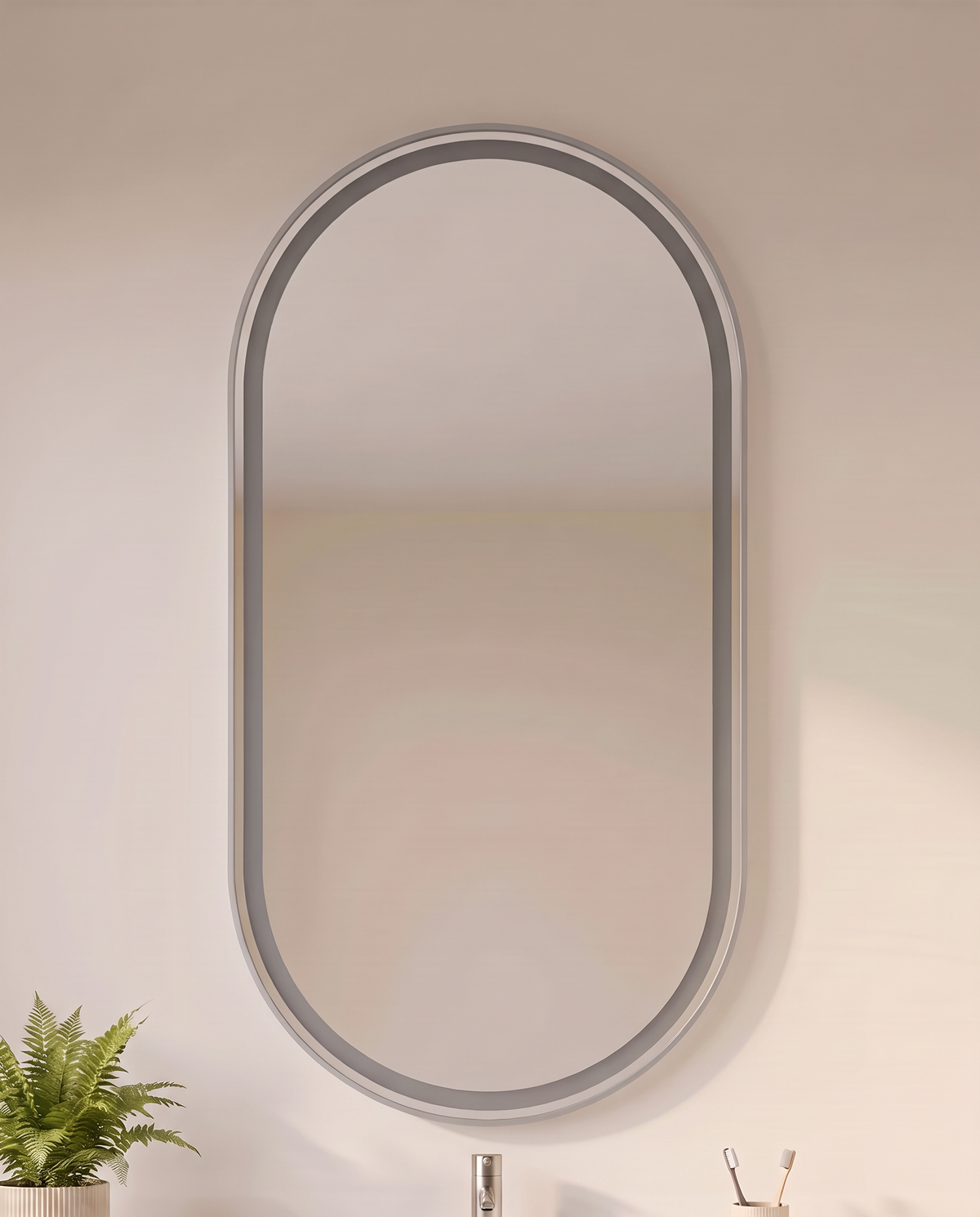 Kira silver LED capsule bathroom mirror in a Dubai bathroom