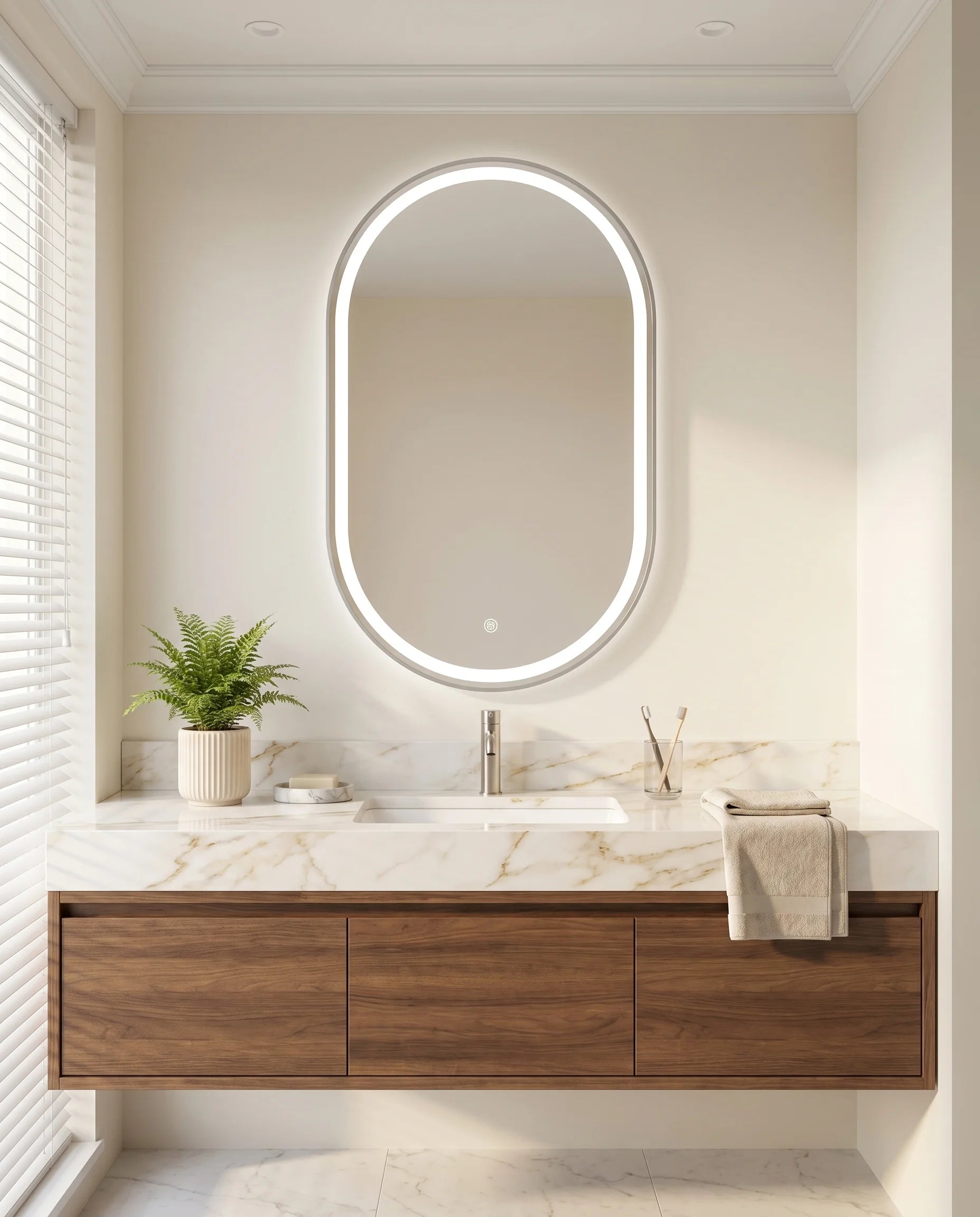 Kira LED Capsule Bathroom Mirror with Silver Frame