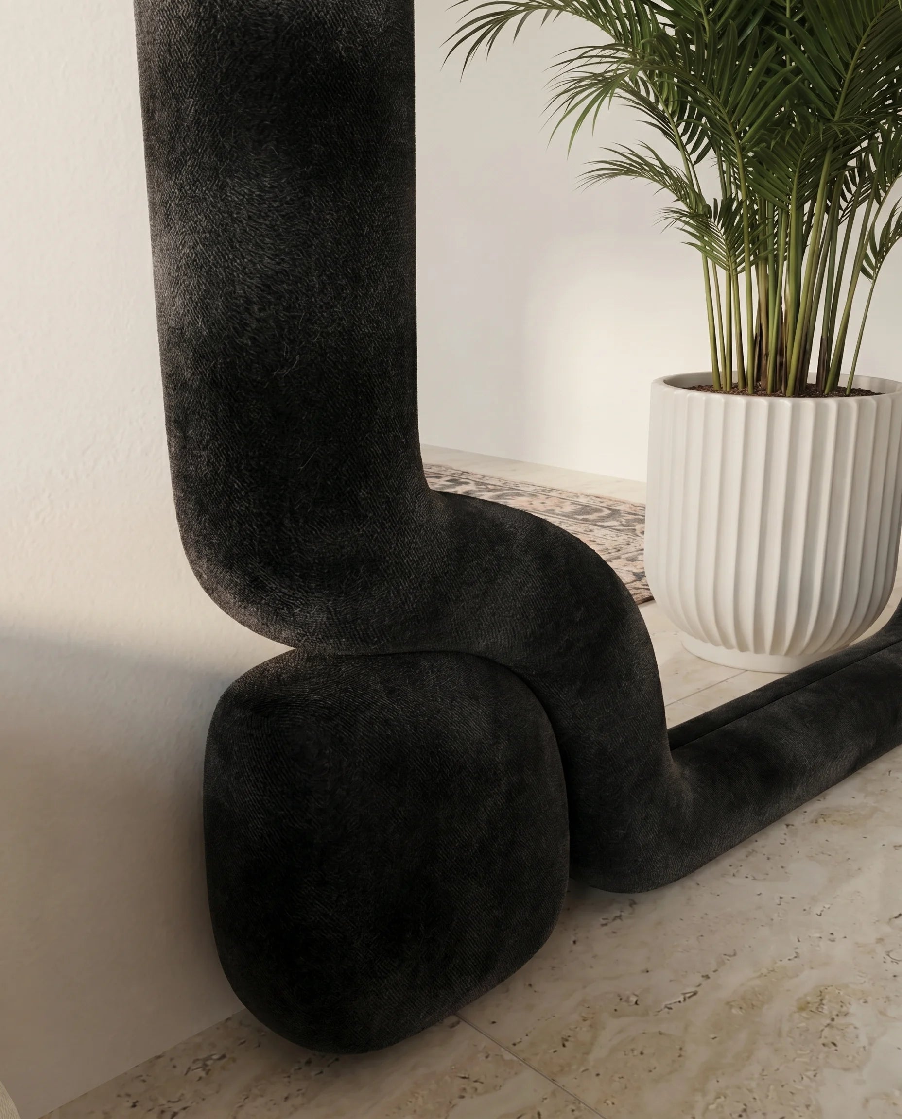 Leyla black full-length wall mirror, close-up of the fabric frame