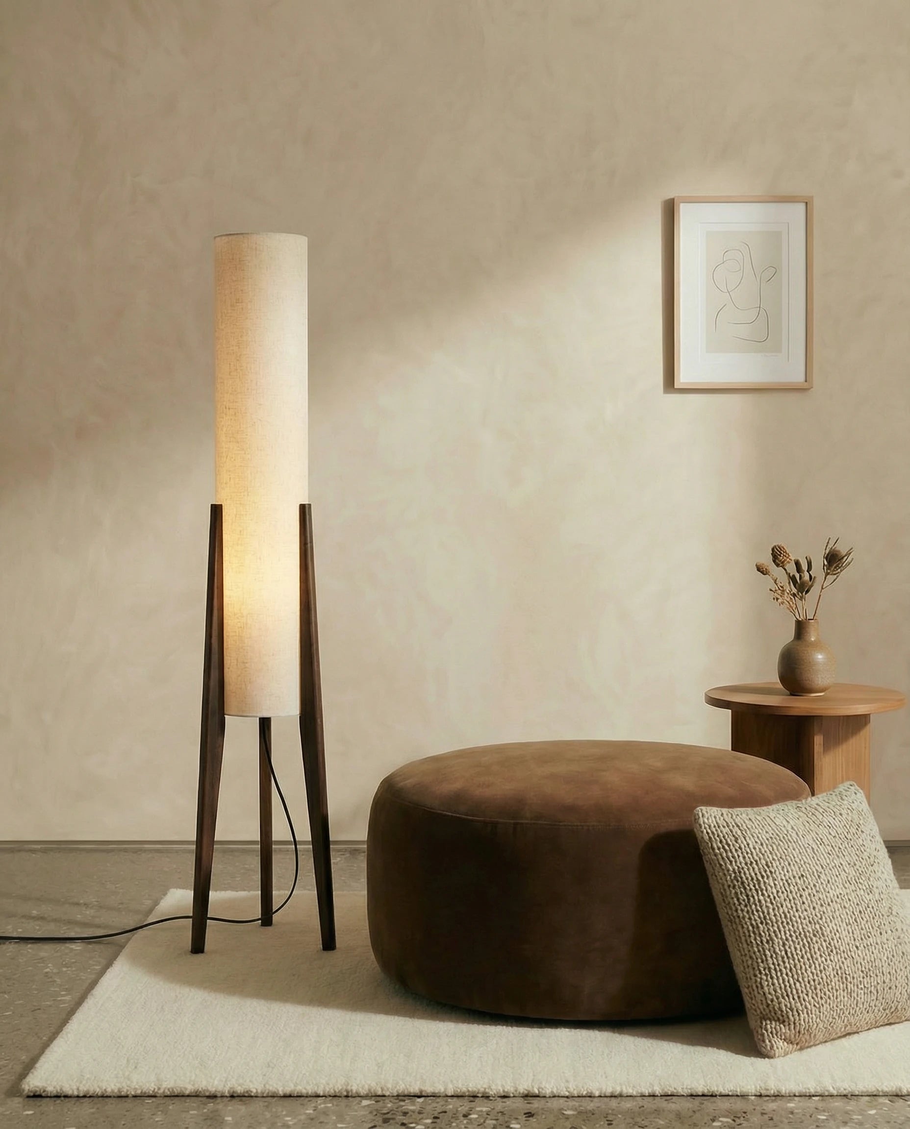 Liora Walnut Cylindrical Tripod Floor Lamp