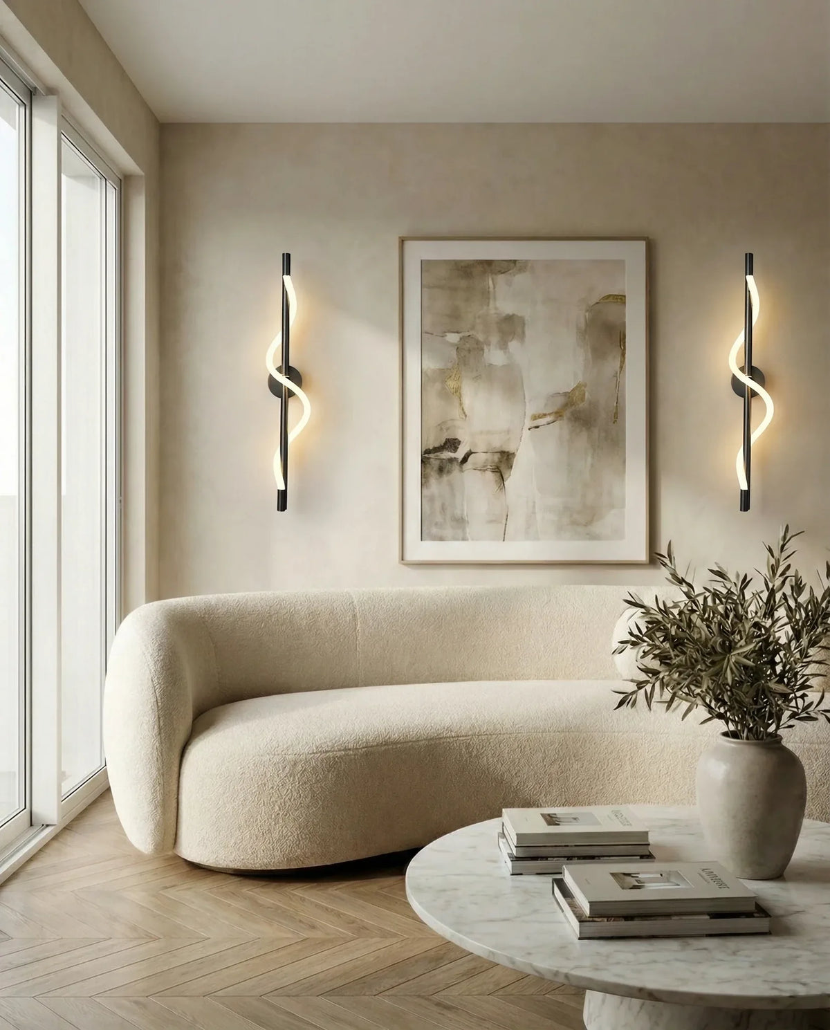 Black spiral wall lamp on a Dubai living-room wall
