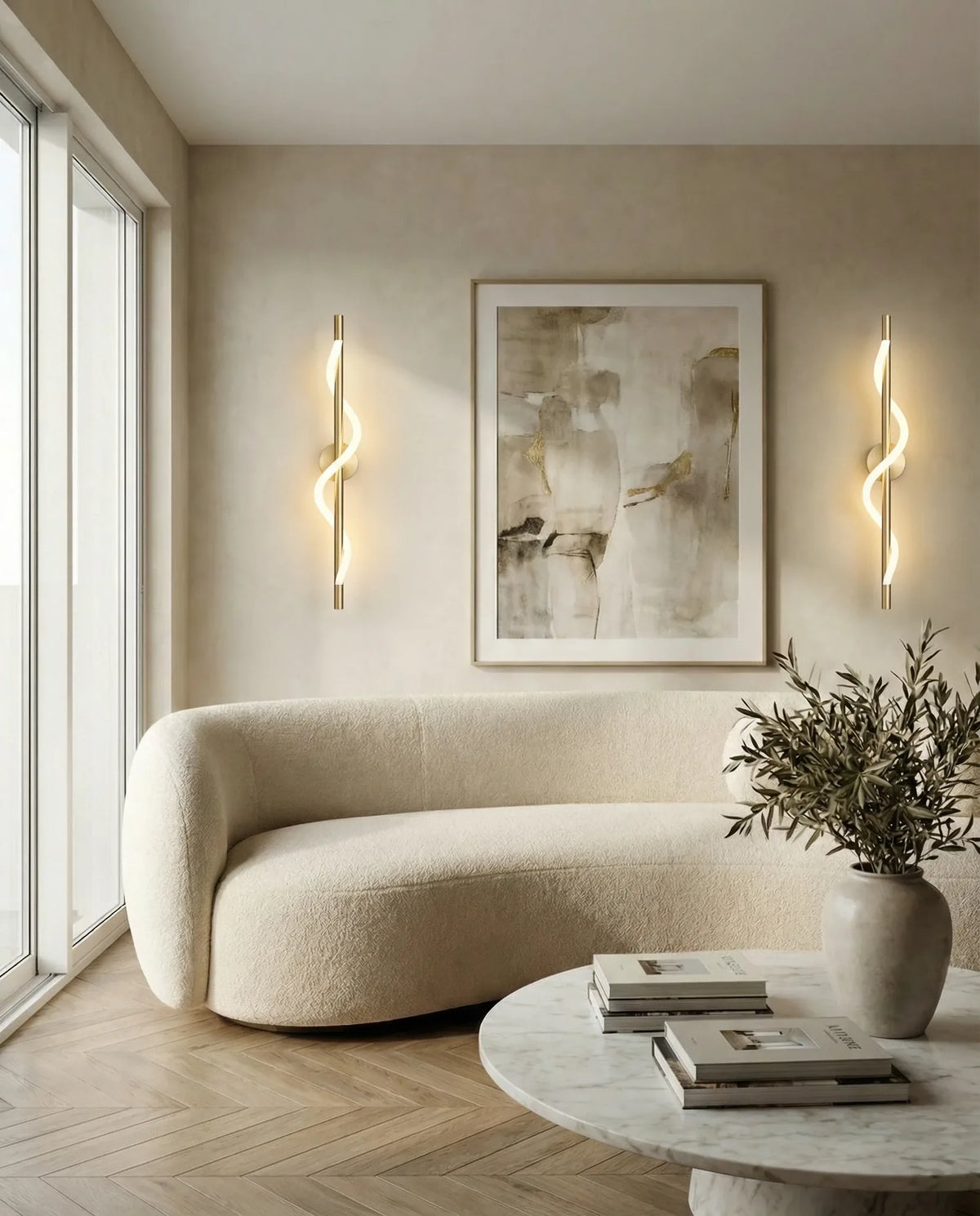 Gold spiral wall lamp on a Dubai living-room wall
