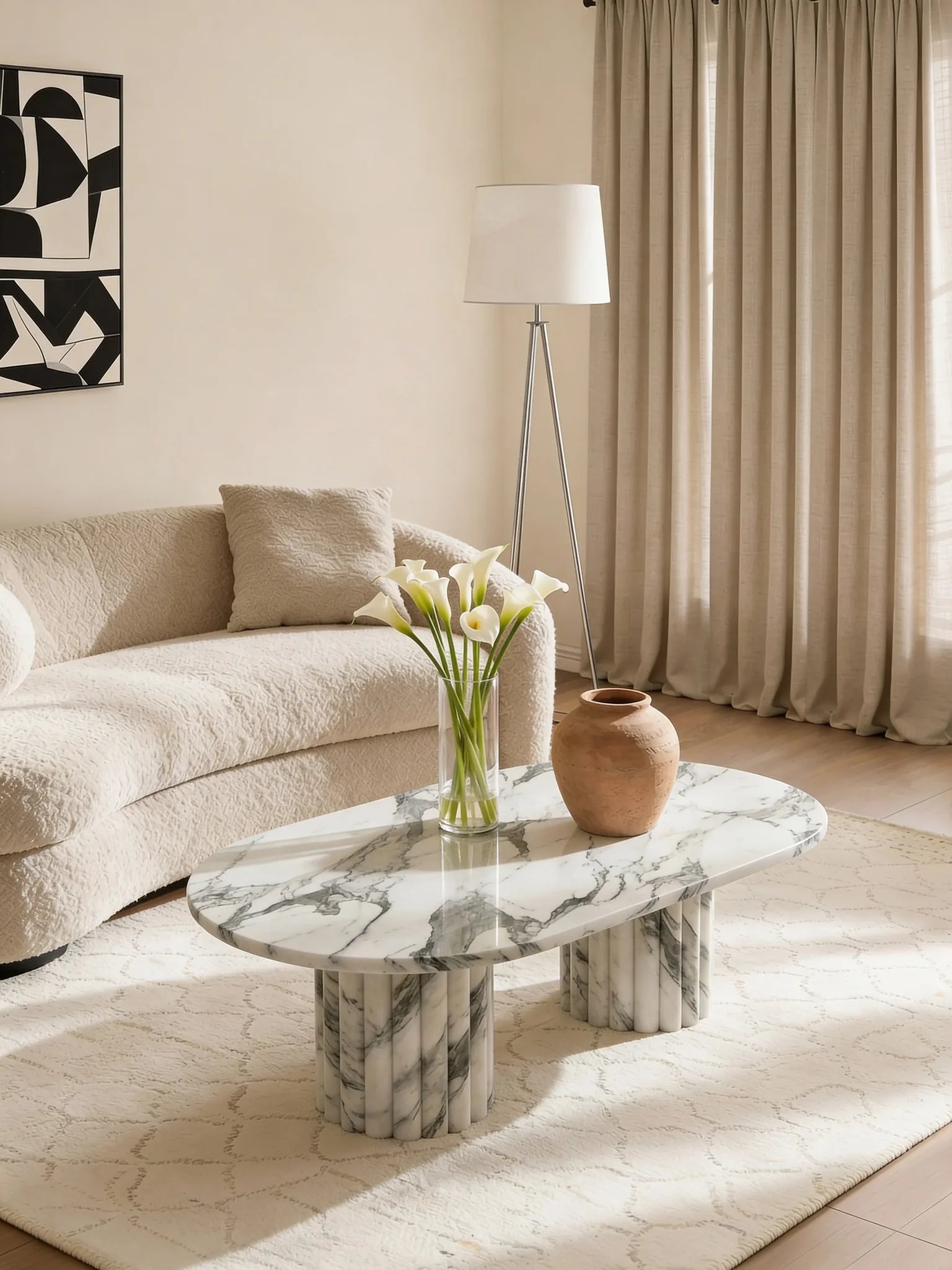 Arabescato marble coffee table with fluted design
