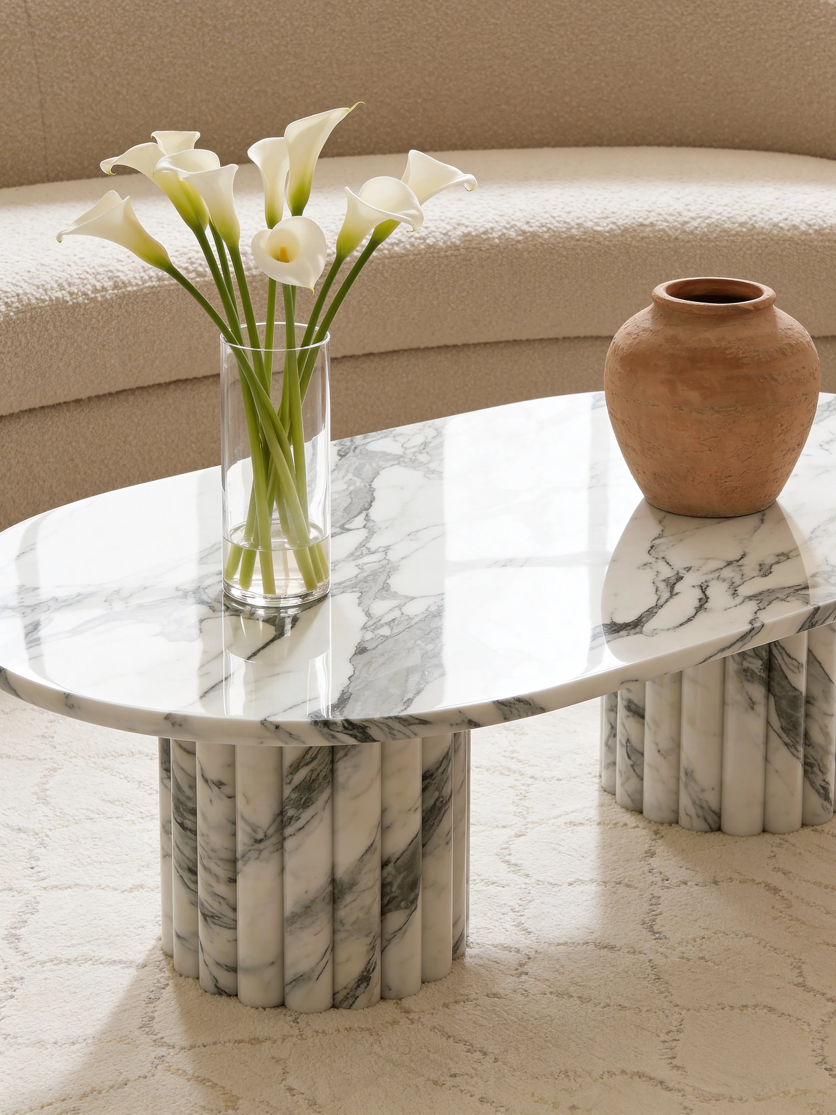 Luxury Arabescato Marble Coffee Table with Fluted Design