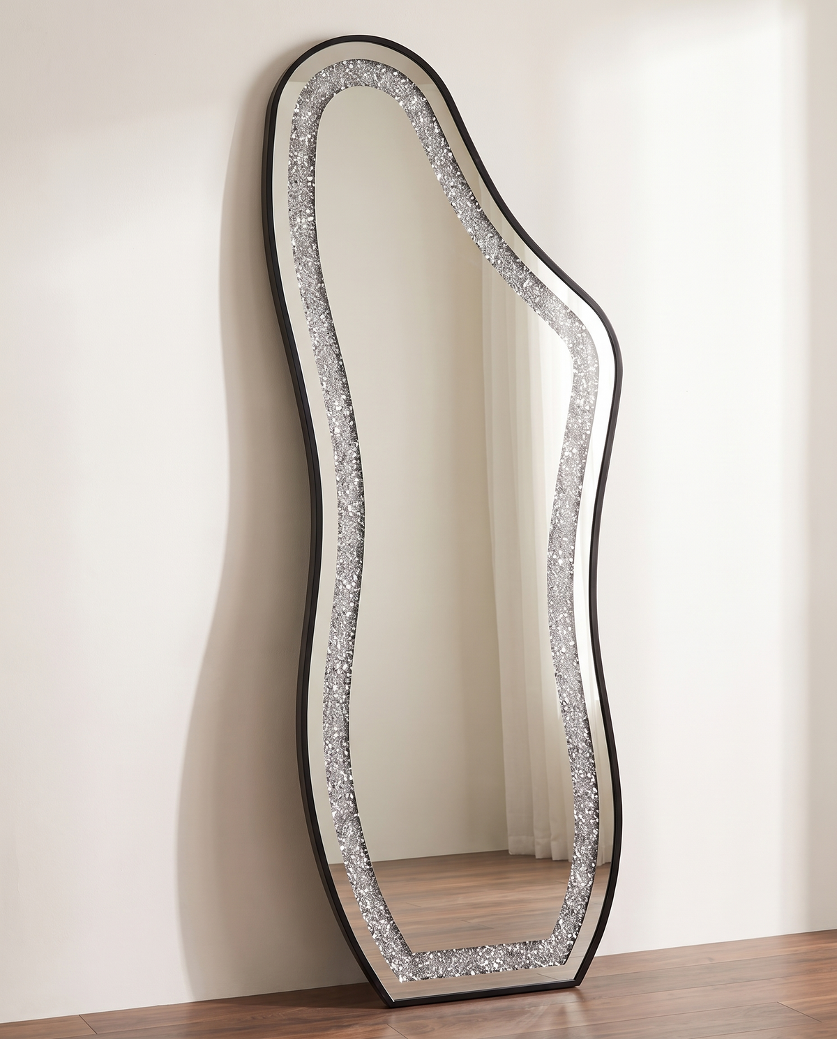 Almas black crystal LED irregular floor mirror close-up of crystal border