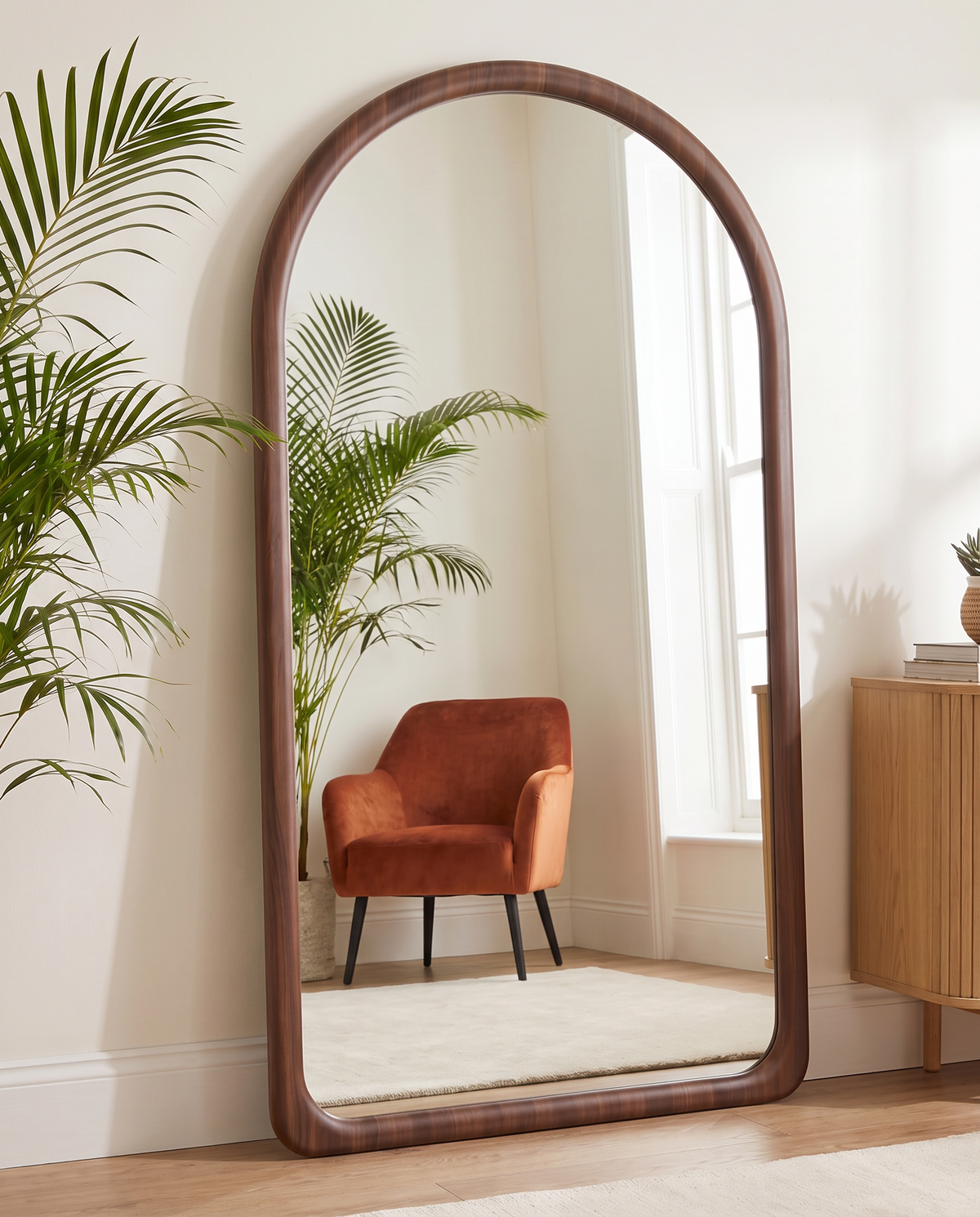 Mira Walnut Wood Finish Arch Floor Mirror