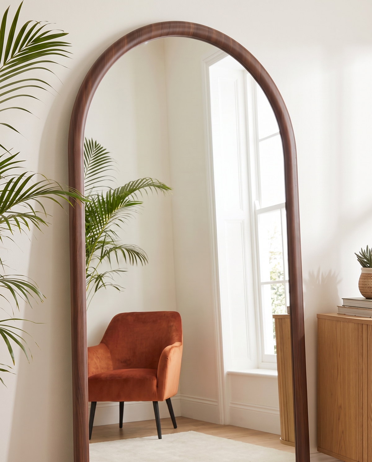 Mira Walnut Wood Finish Arch Floor Mirror