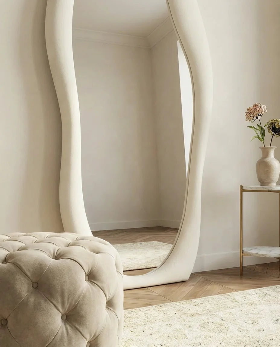Mina cream funky wall mirror, close-up of the soft fabric frame