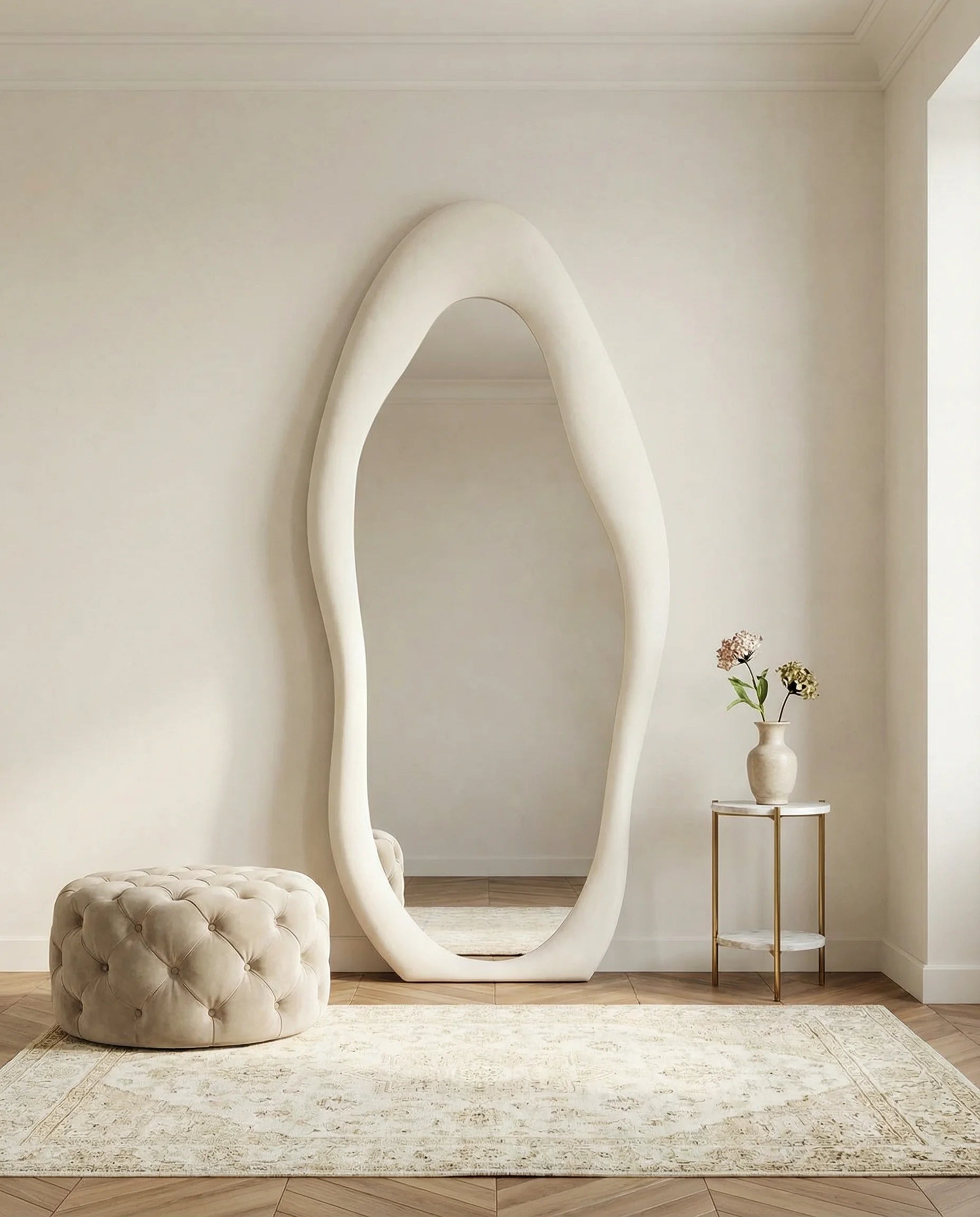 Mina cream funky wall mirror on a Dubai feature wall