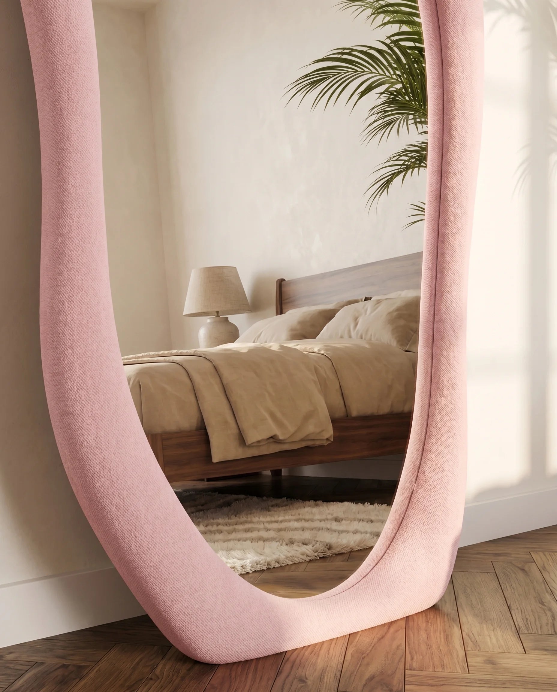 Mina pink funky wall mirror, close-up of the soft fabric frame