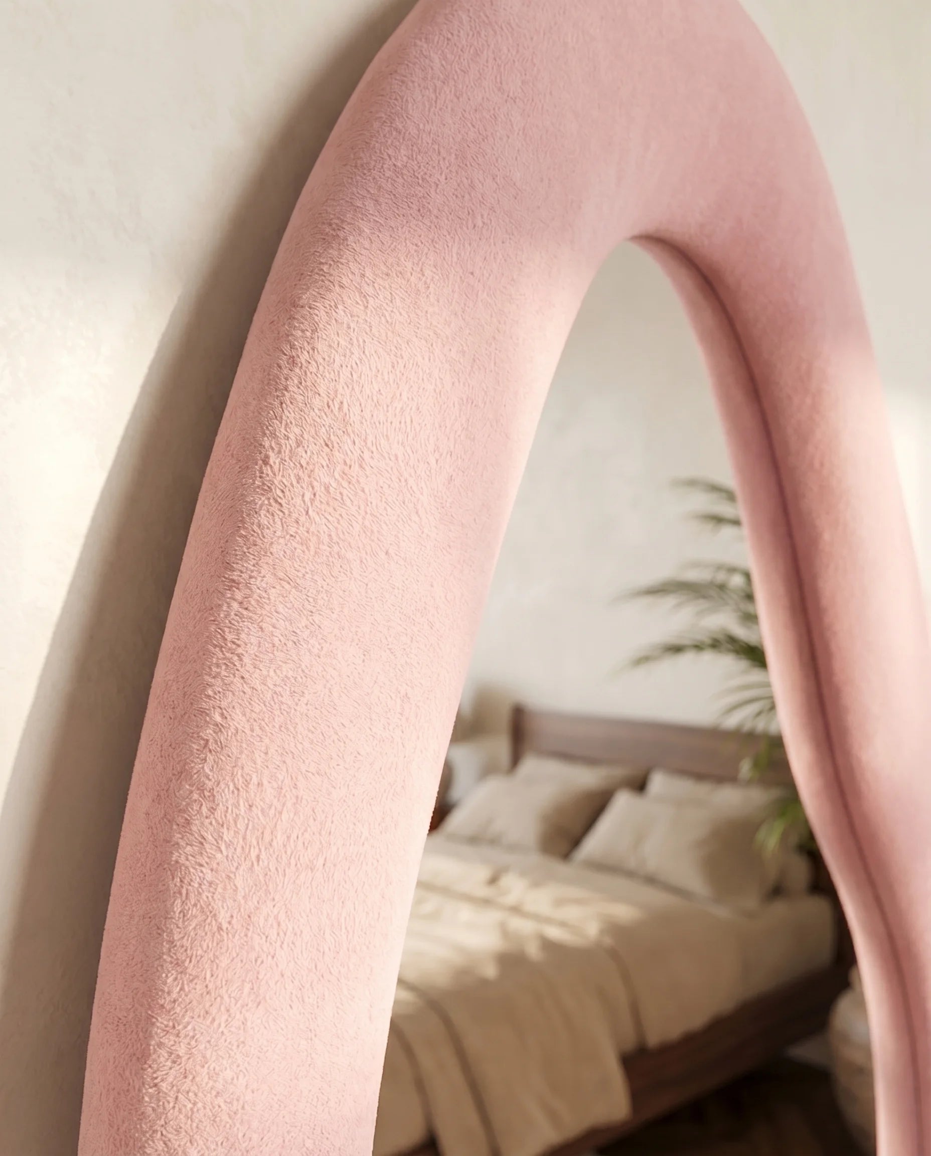 Mina pink funky wall mirror, close-up of the soft fabric frame