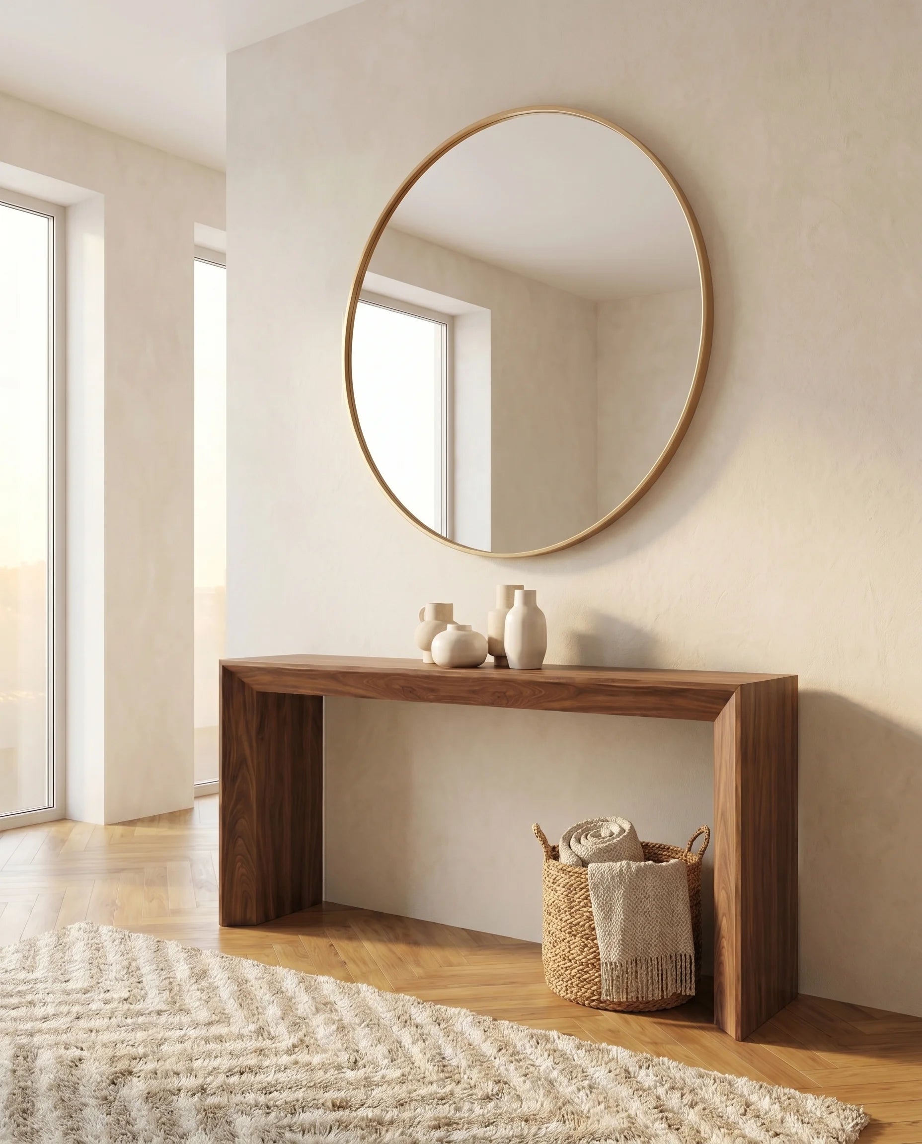 Modern gold round wall mirror, full view