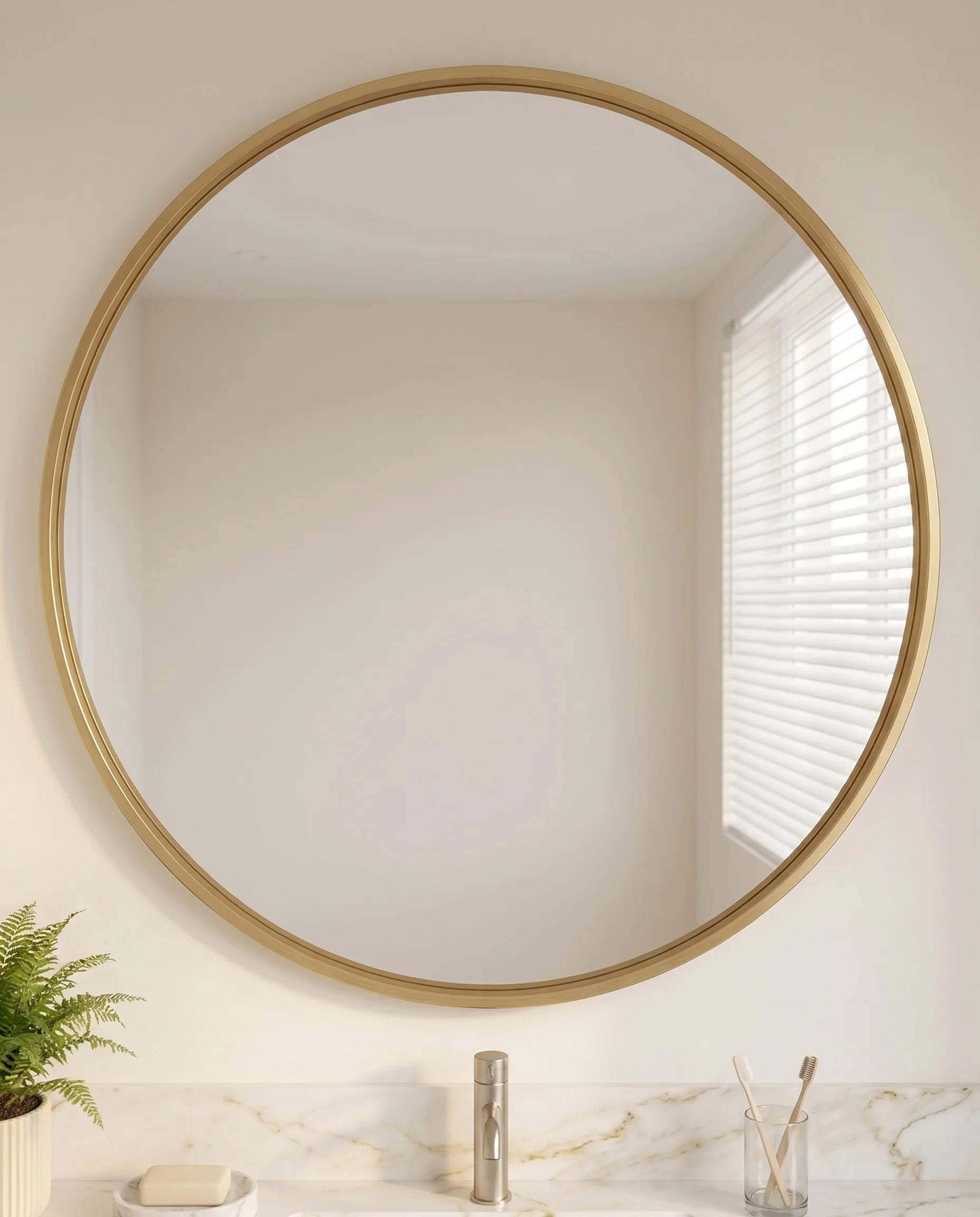 Modern gold round bathroom mirror in a Dubai bathroom