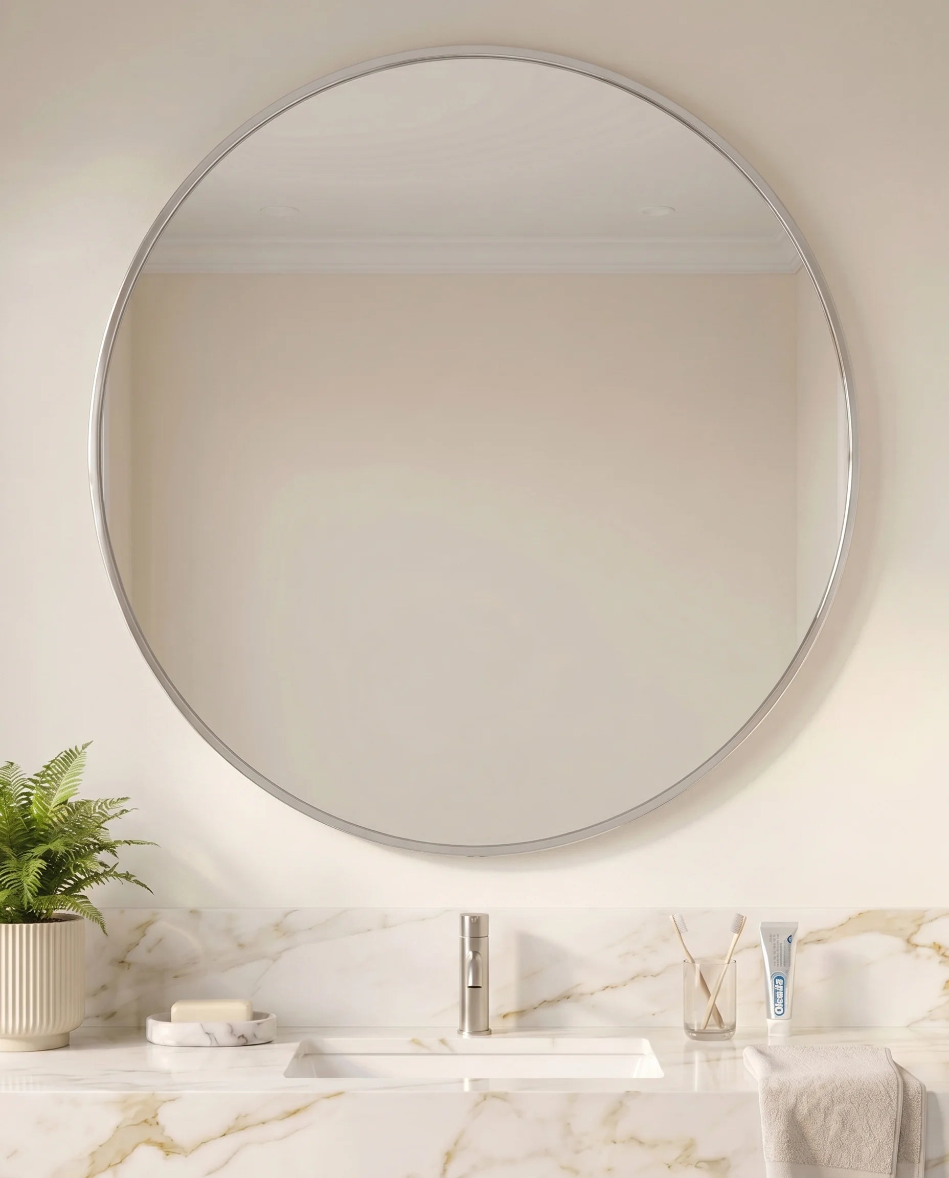 Modern silver round bathroom mirror in a Dubai bathroom