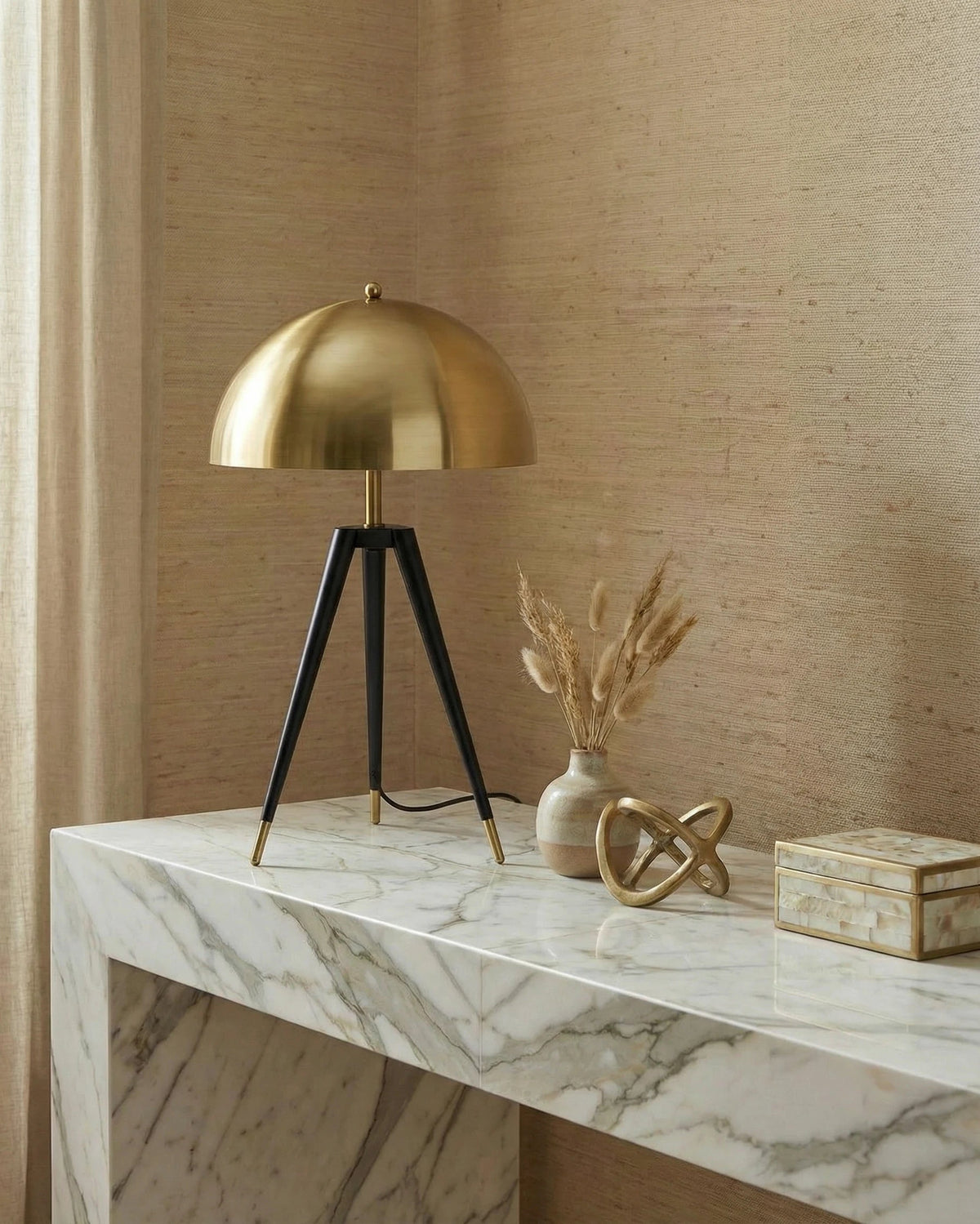 Black and gold mushroom tripod table lamp