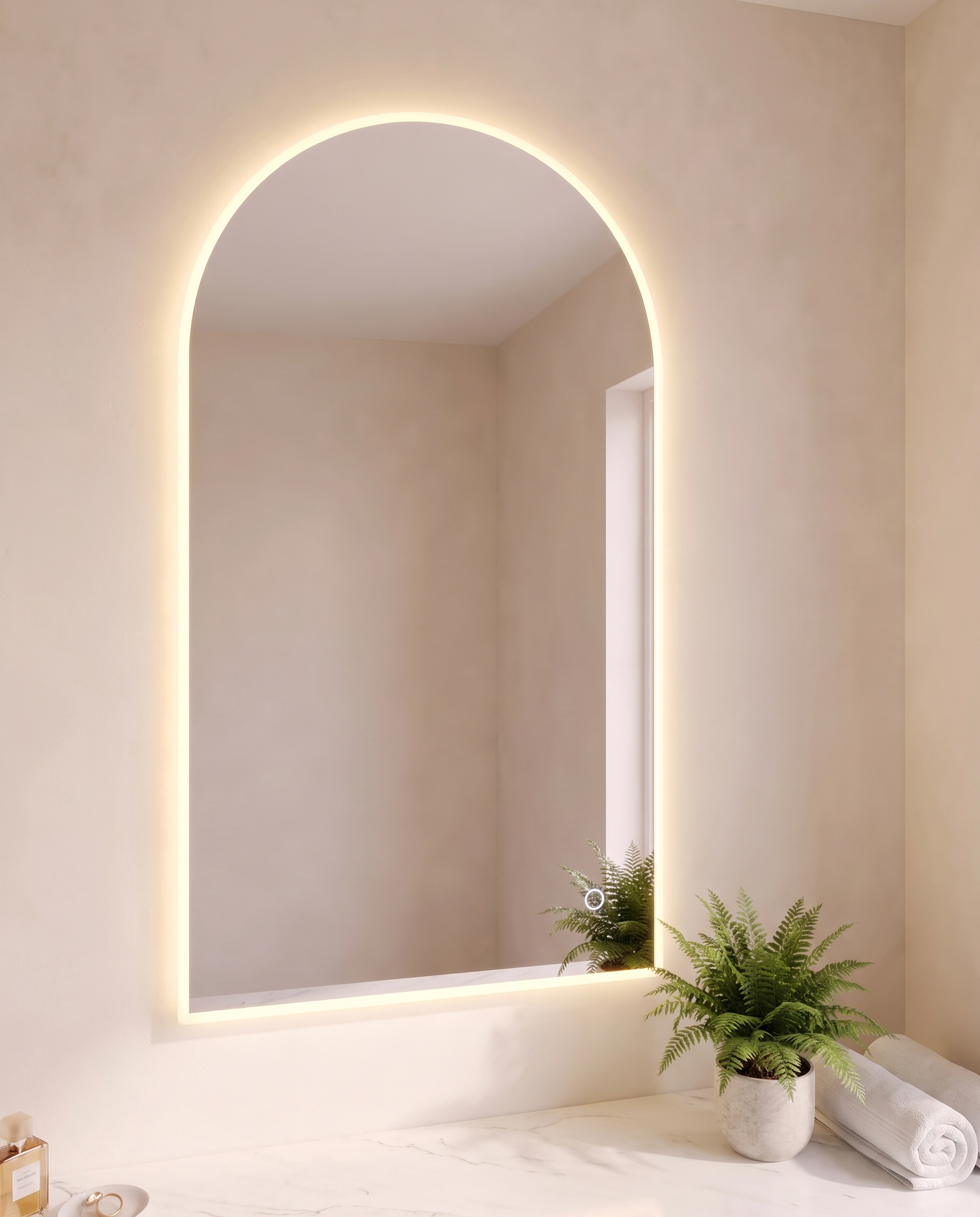 Naomi LED frameless arched wall mirror in a Dubai bathroom