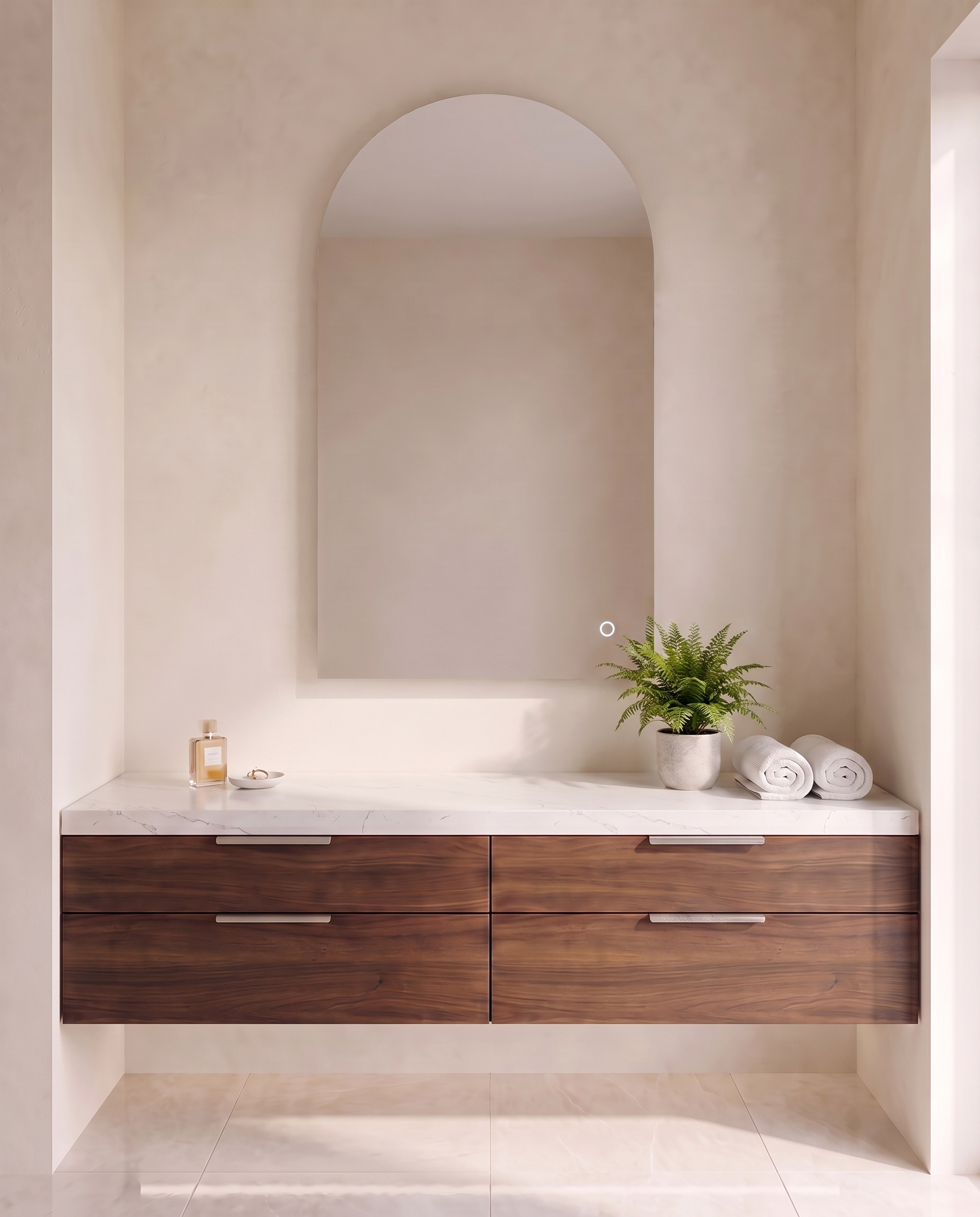 Naomi LED frameless arched mirror, close-up of the lit edge