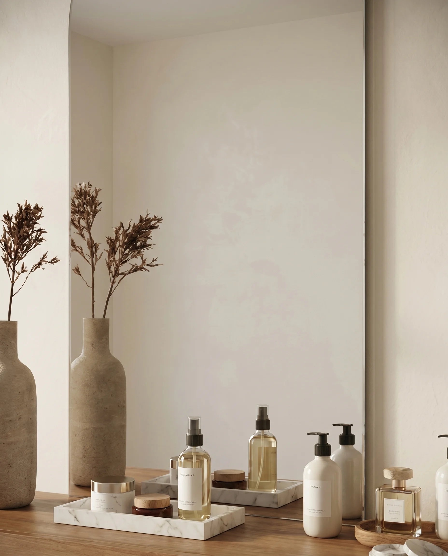 Naomi LED frameless arched wall mirror in a Dubai bathroom