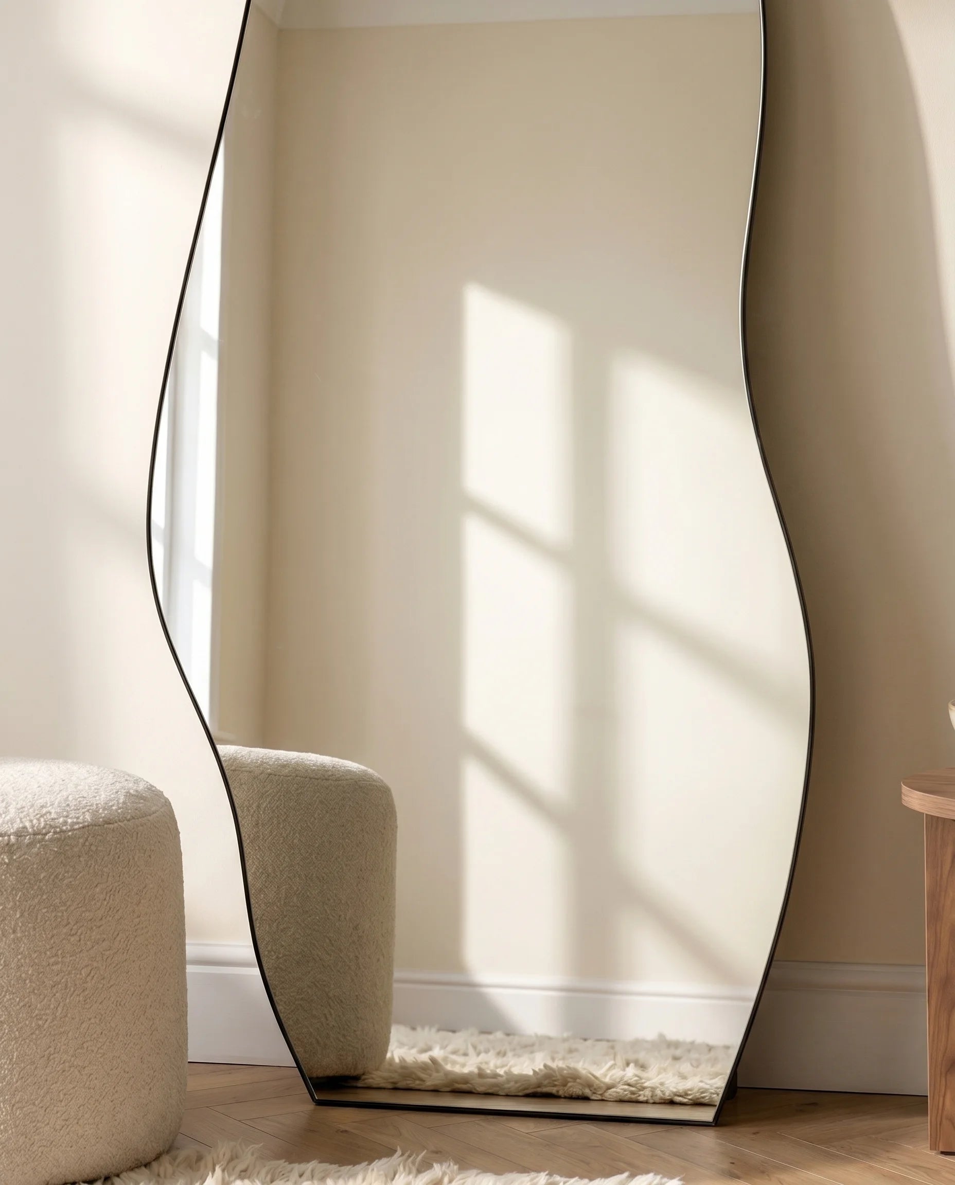 Olenna black LED irregular mirror with stand in a Dubai bedroom