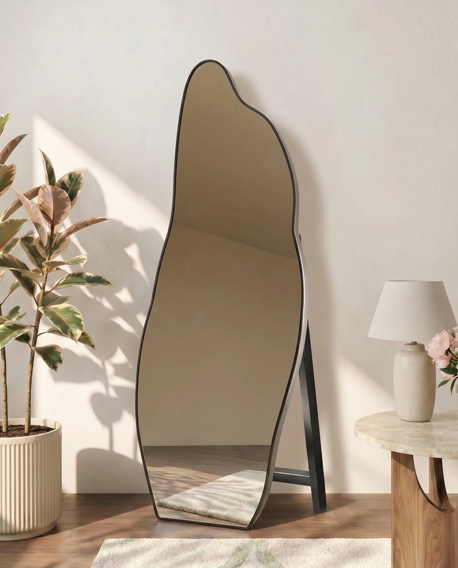 Olenna black LED irregular mirror with stand
