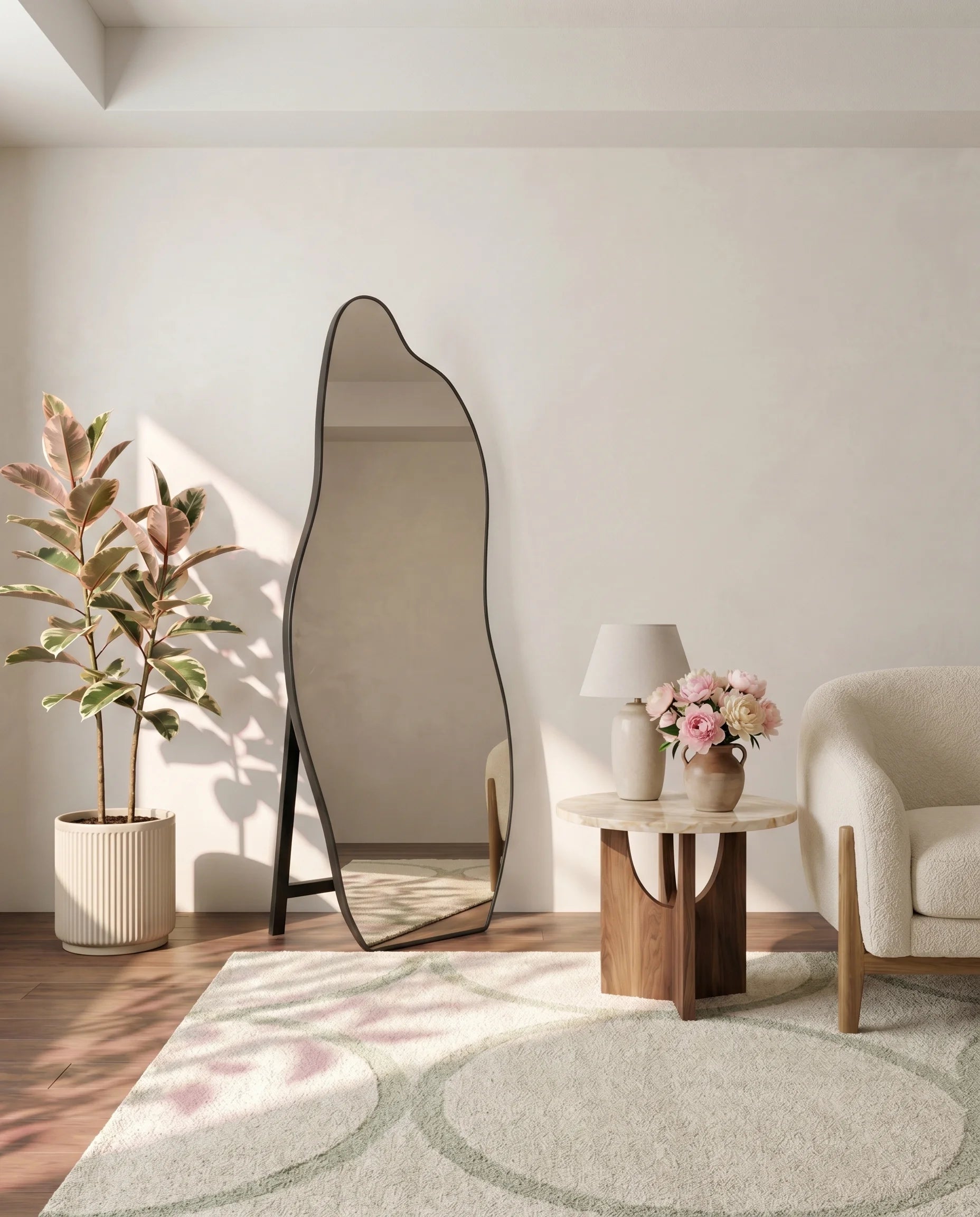 Olenna black LED irregular mirror with stand on a Dubai vanity