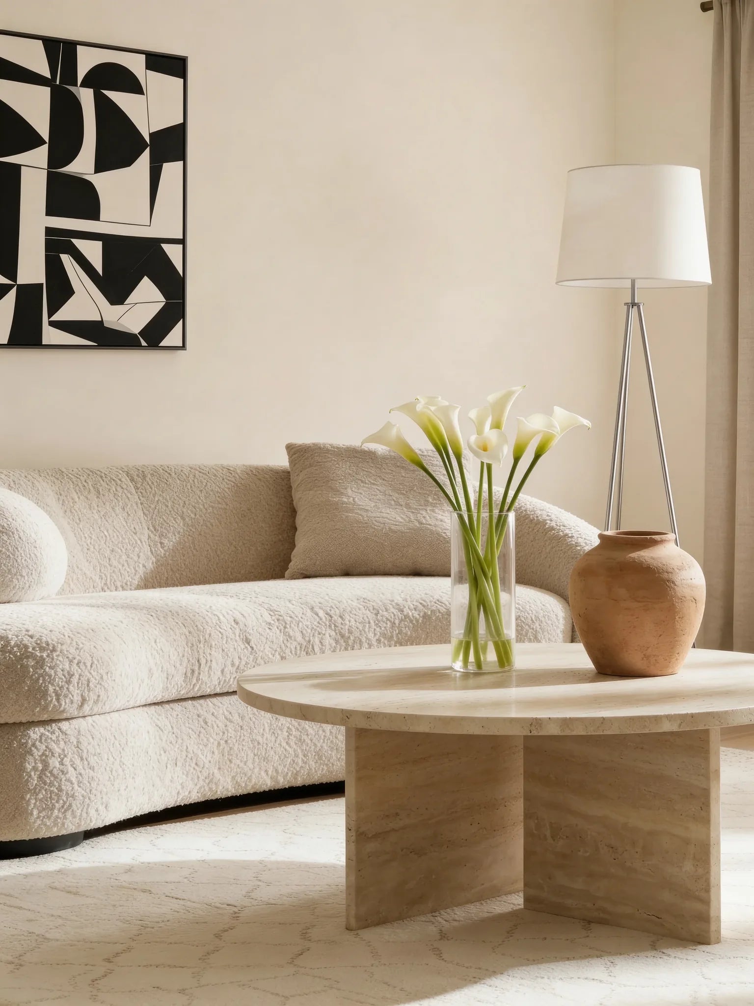 Travertine coffee table, close-up of the geometric base