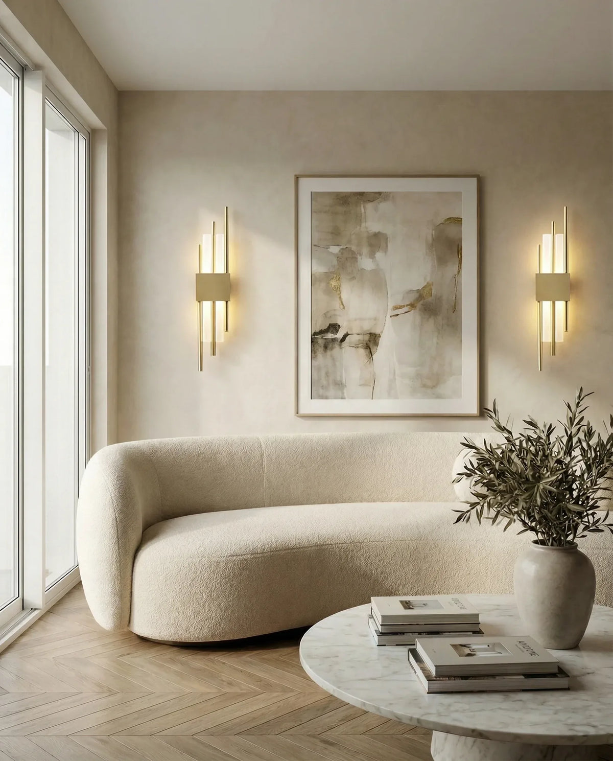 Gold LED wall light on a Dubai living-room wall