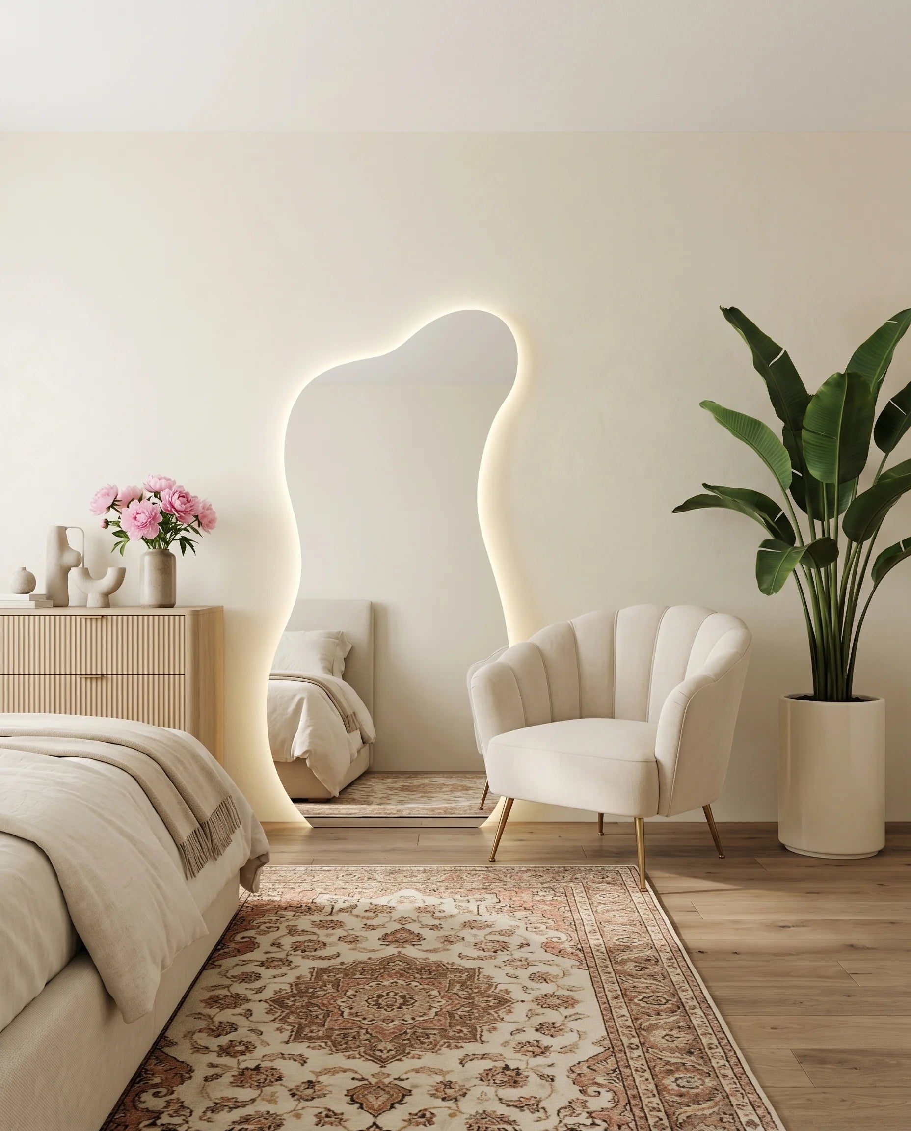 Ralph LED squiggly frameless mirror in a Dubai bedroom