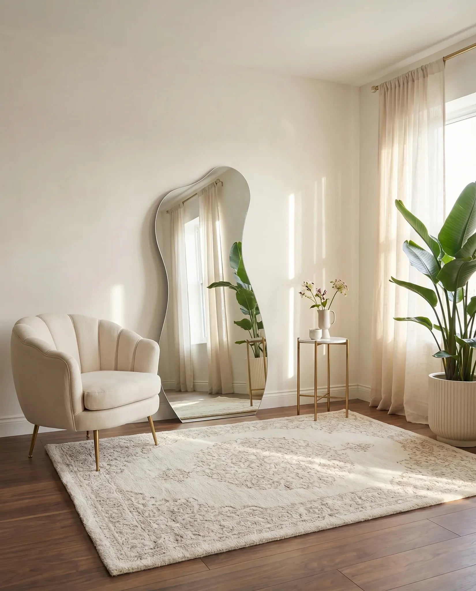 Ralph squiggly frameless standing mirror in a Dubai bedroom