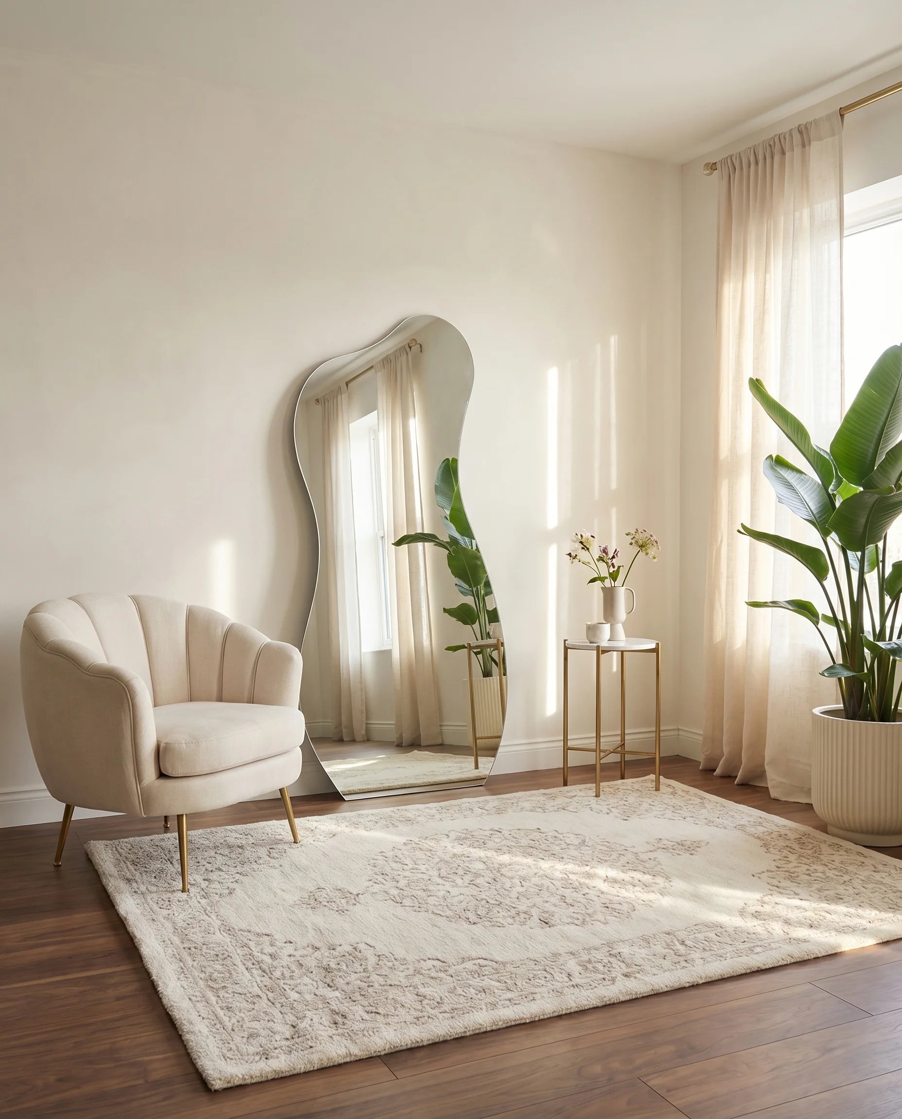 Ralph squiggly frameless standing mirror in a Dubai bedroom