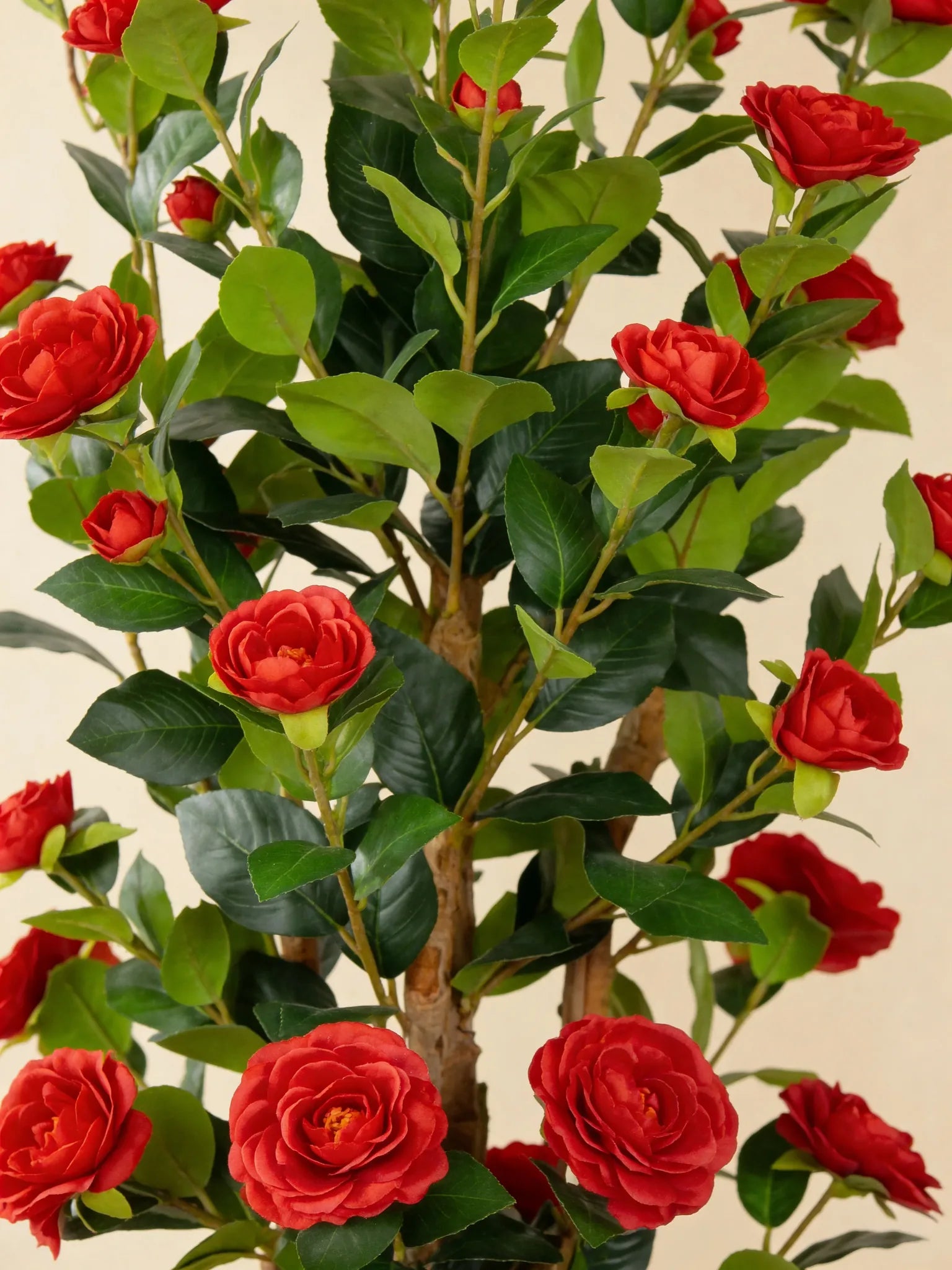 Red camellia artificial flowers, close-up detail