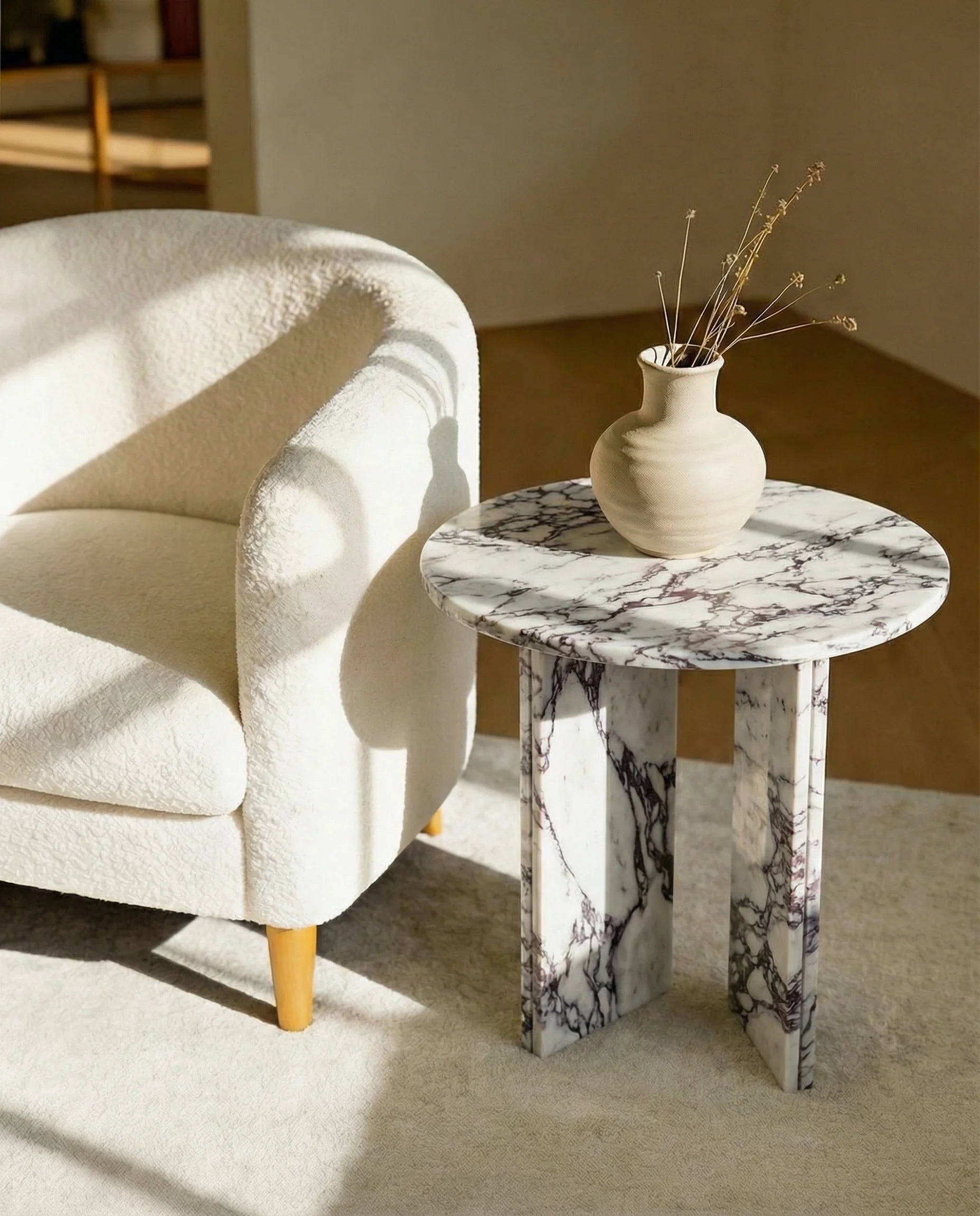 Regal Calacatta Marble Round Side Table with Geometric Base