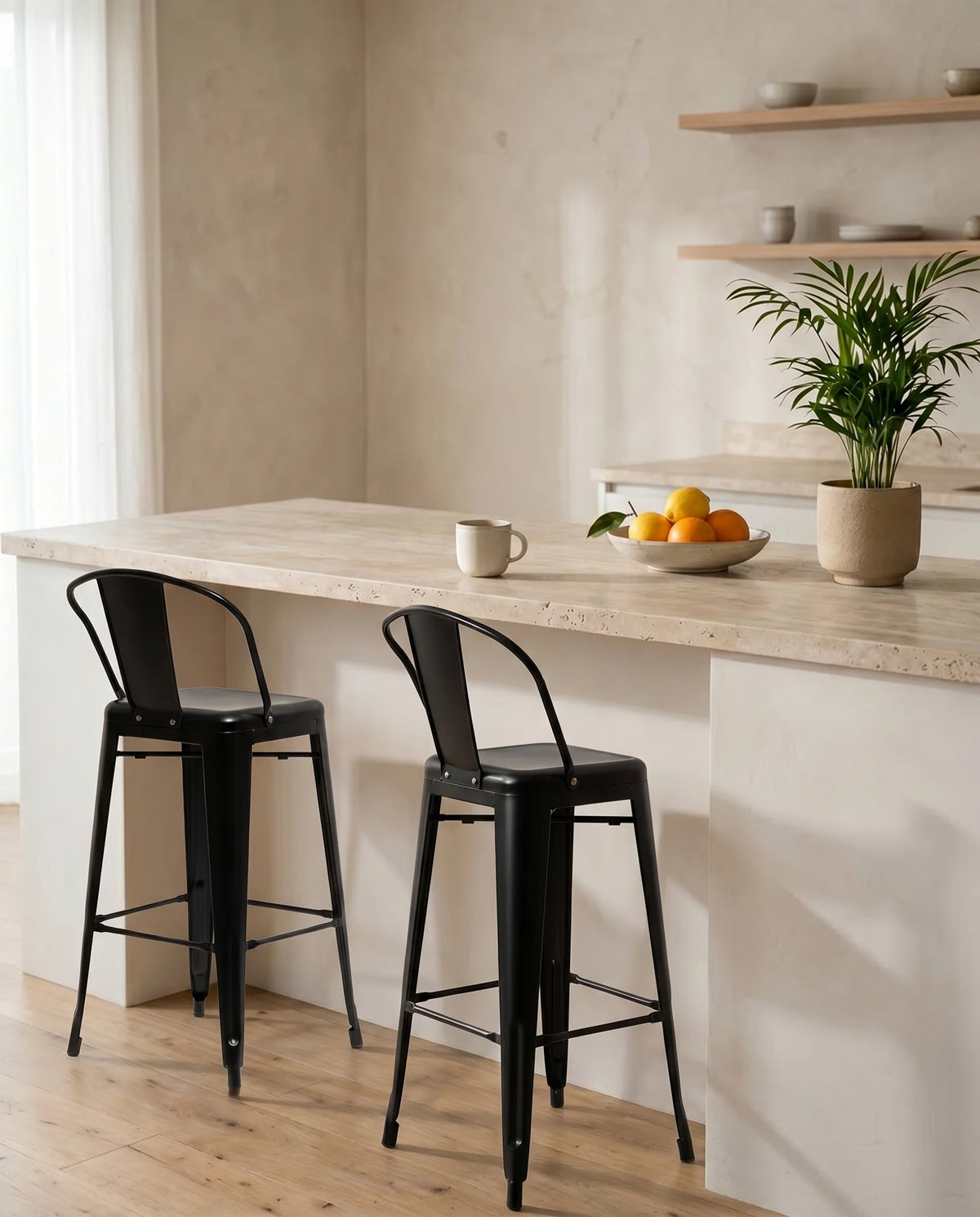 Renzo black metal bar stool, full view