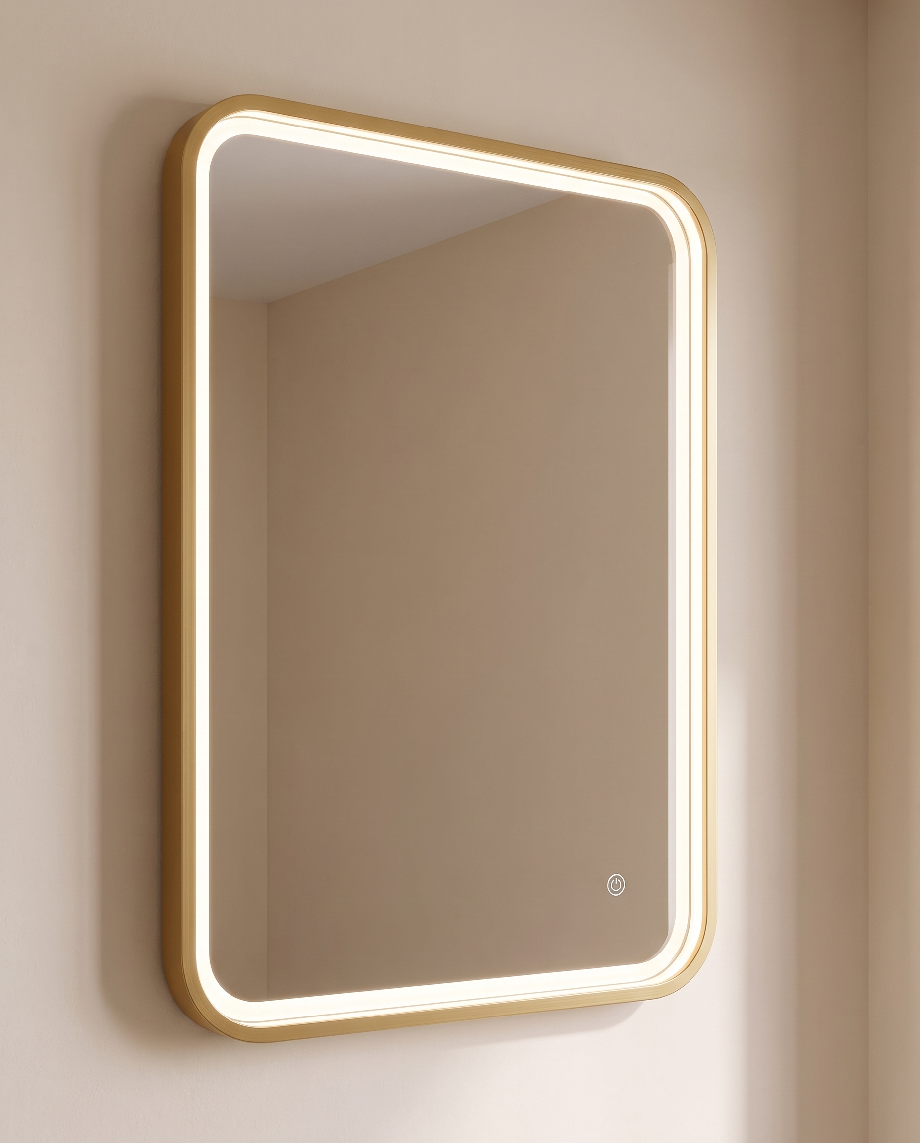 Romeo gold LED rectangular vanity mirror in a Dubai bathroom
