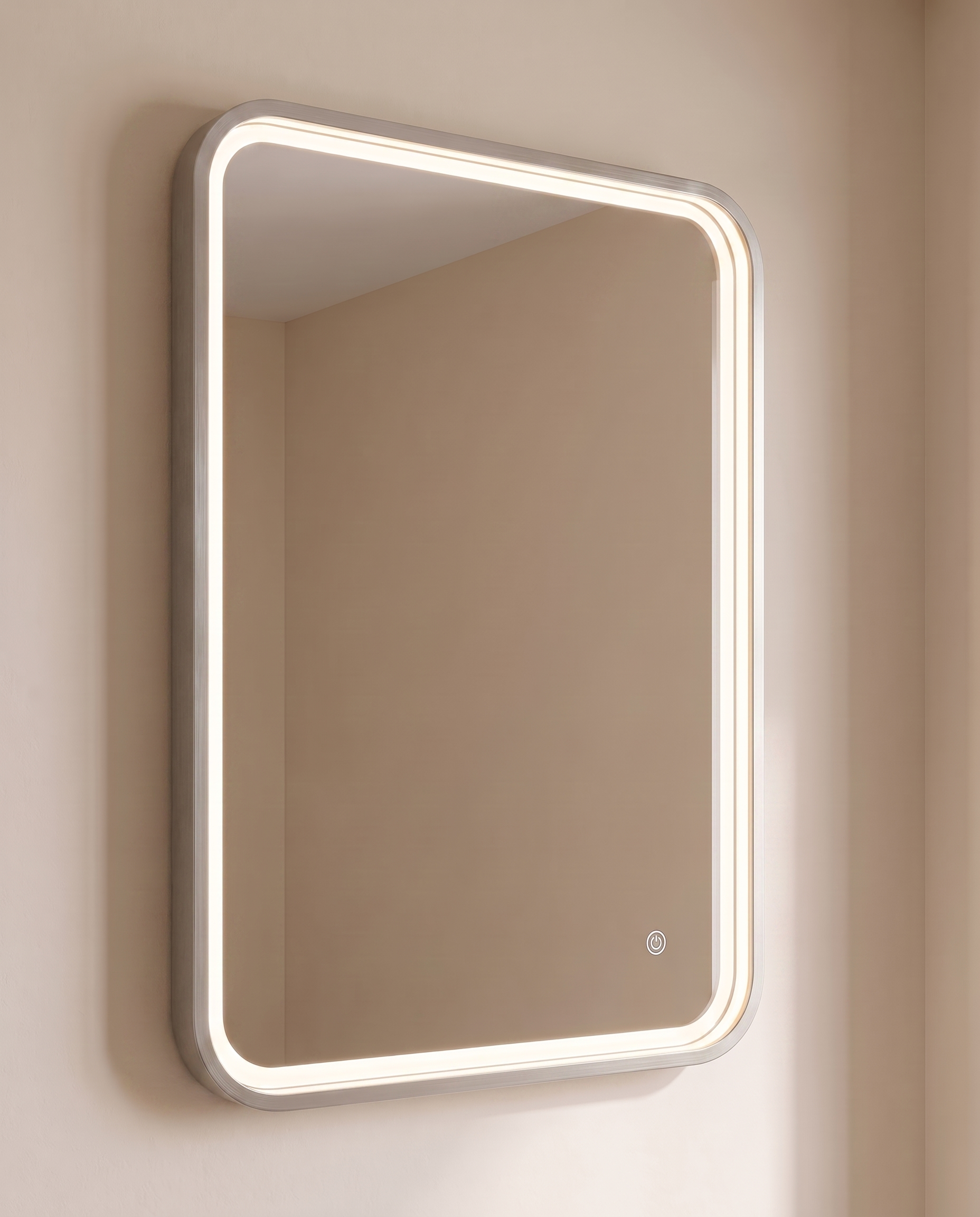 Romeo silver LED rectangular vanity mirror in a Dubai bathroom