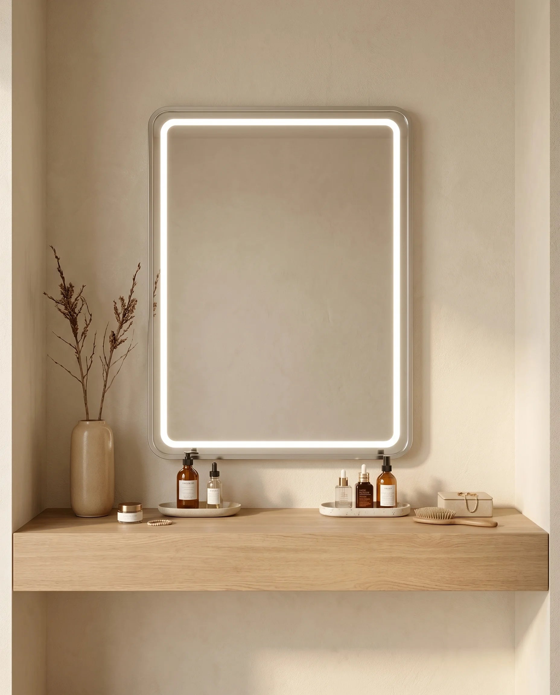 Romeo LED Rounded Silver Framed Rectangular Mirror