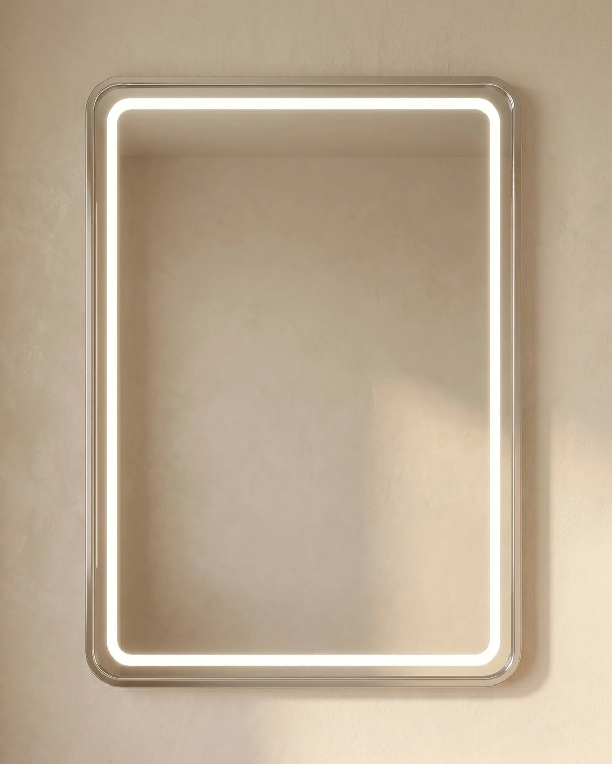 Syra silver LED vanity mirror, close-up of the touch light