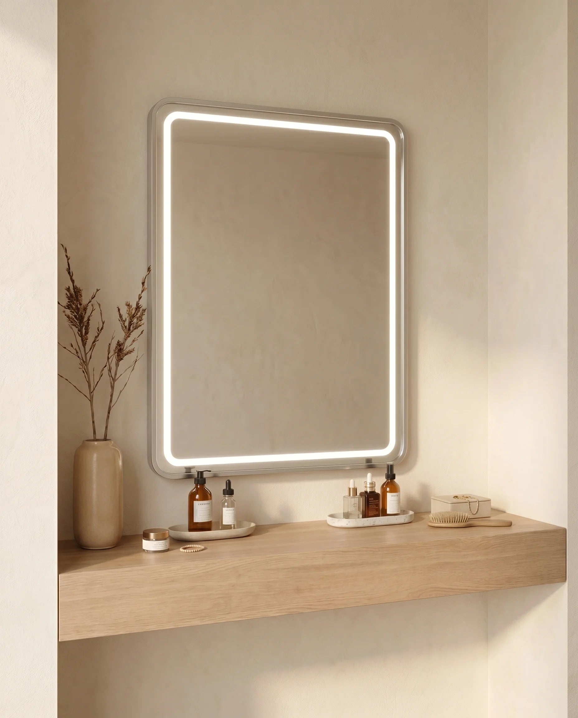 Romeo LED Rounded Silver Framed Rectangular Mirror