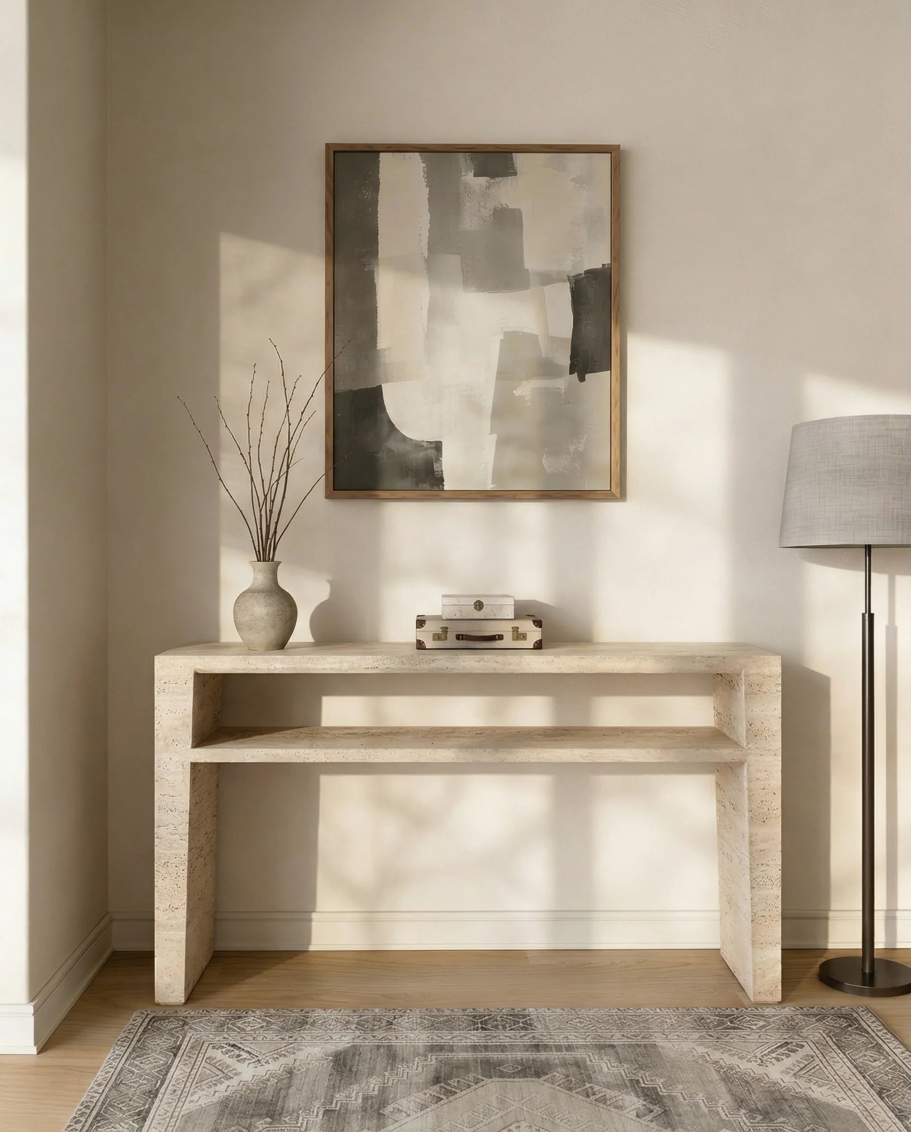 Russell Beige Travertine Console Table with Shelf