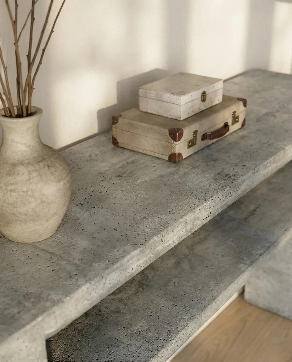 Russell Grey Travertine Console Table with Shelf