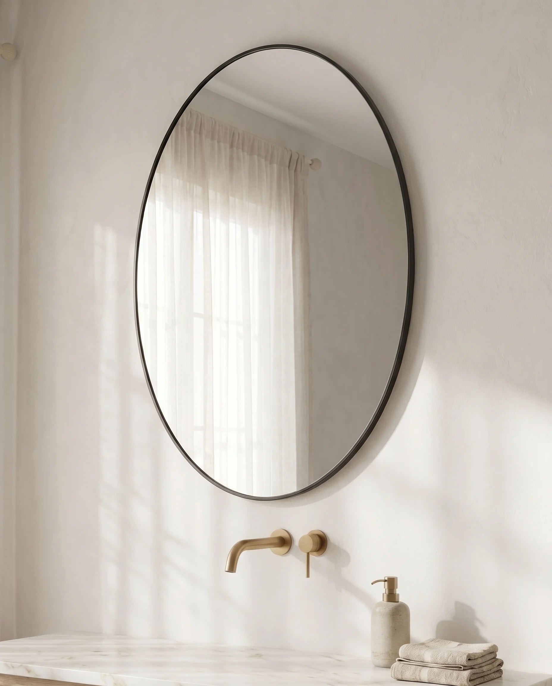 Sasha black framed oval vanity mirror in a Dubai bathroom