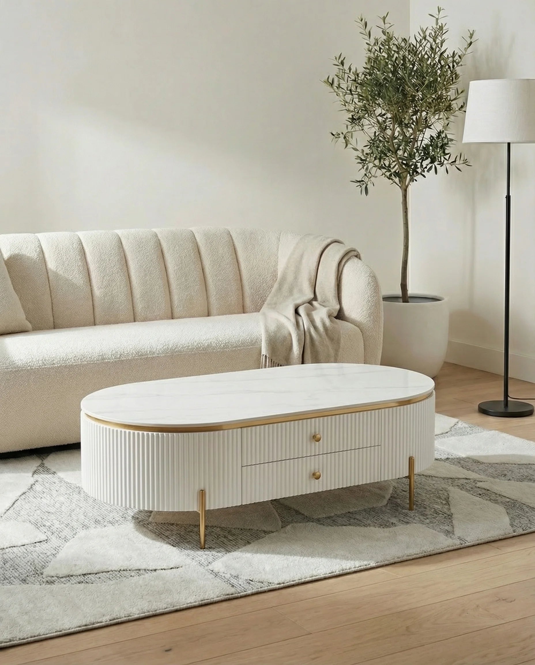 Serenity White Oval Coffee Table with Drawers