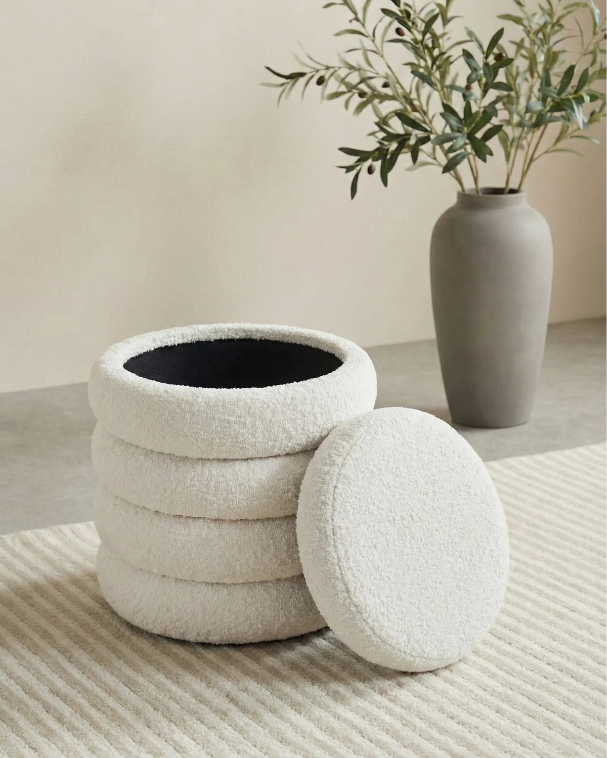 Sherpa luxe pouf ottoman, close-up of the texture