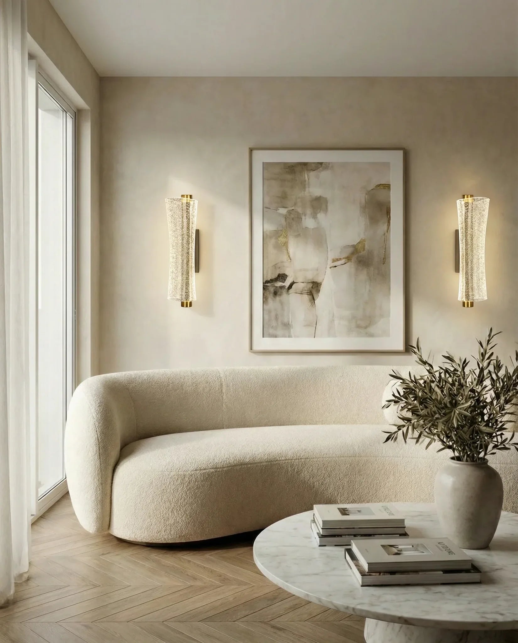 Decorative glass wall lamp on a Dubai living-room wall