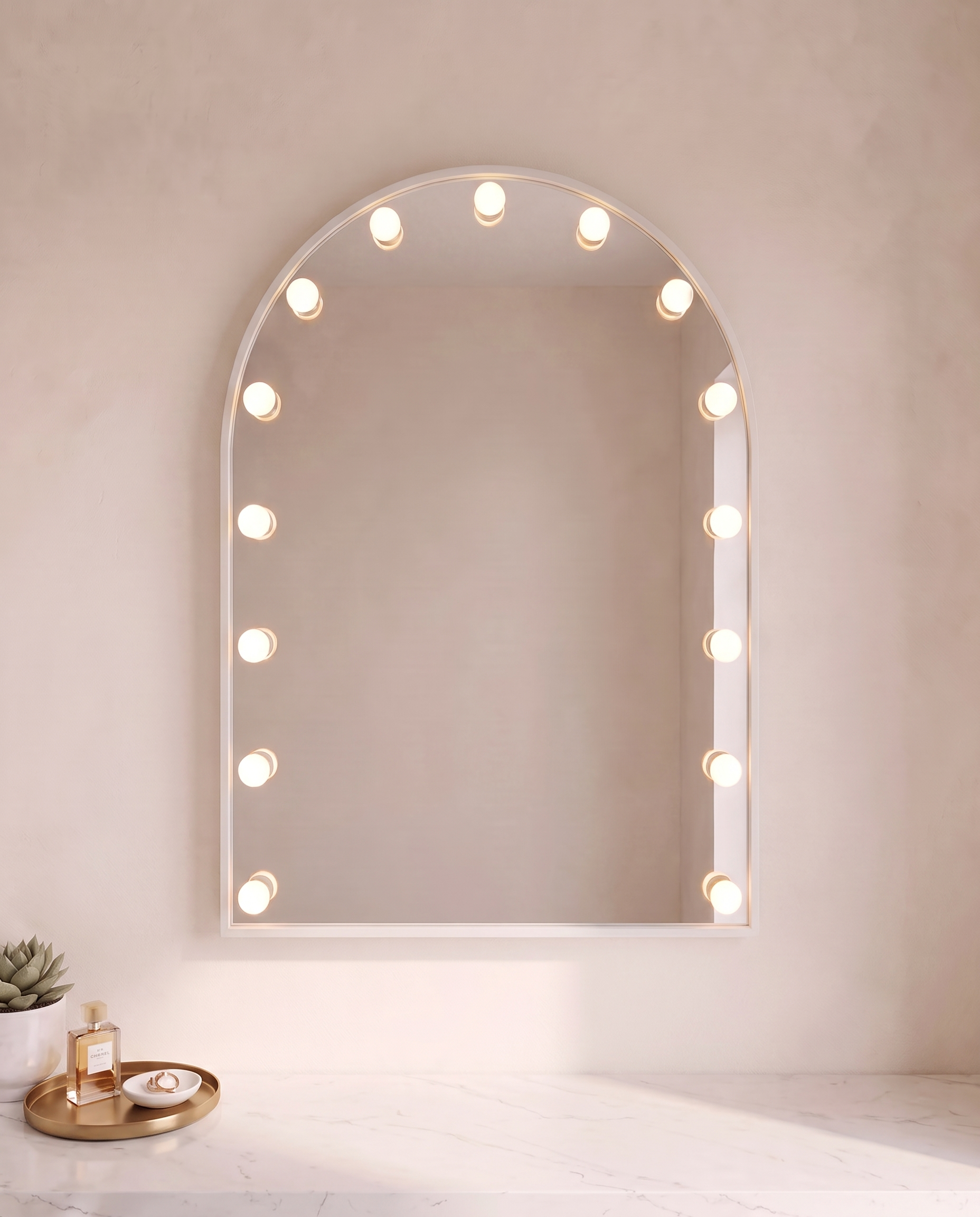 Soraya White Arch Wall Mirror with Bulbs
