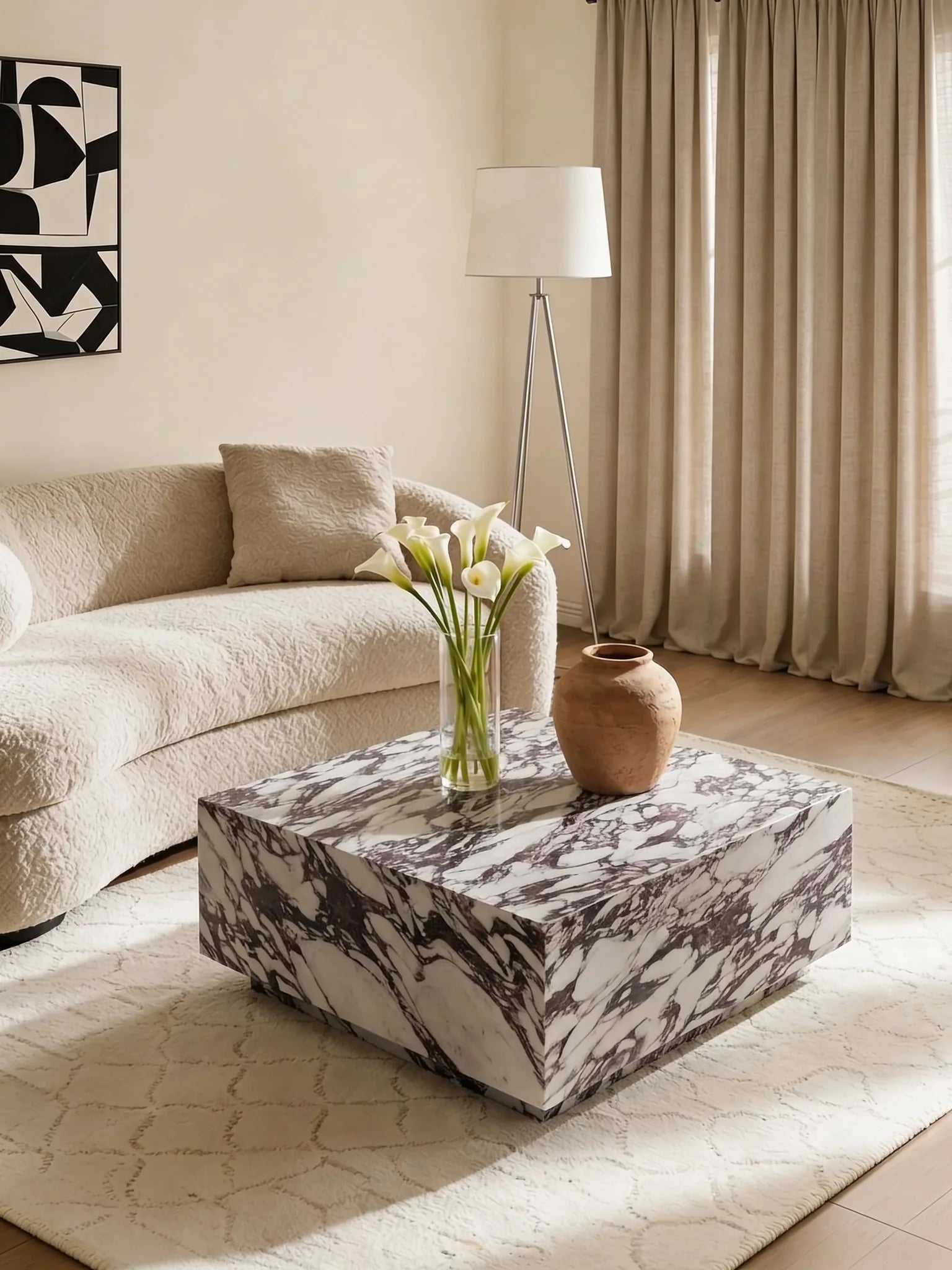 Square Calacatta Viola marble floating coffee table