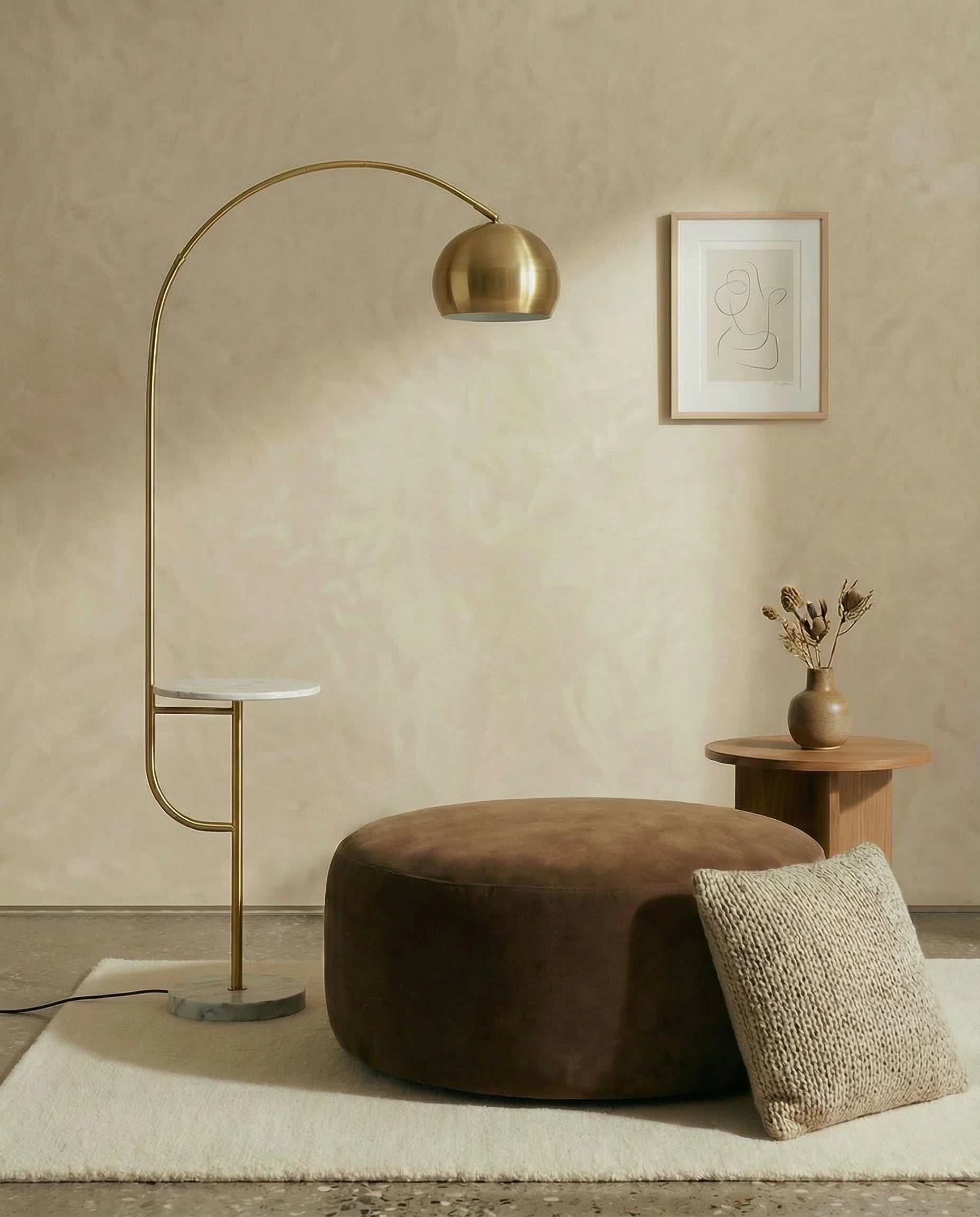 Swana Bowl Arch Gold Floor Lamp with Side Table