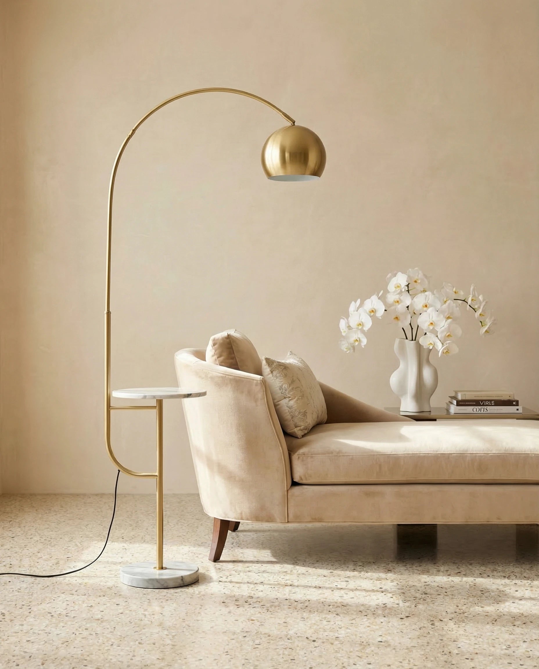 Swana Bowl Arch Gold Floor Lamp with Side Table